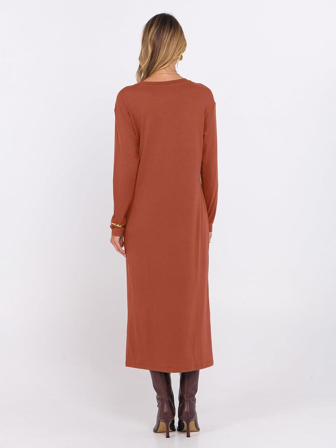 imageANRABESS Long Sleeve Midi Dresses for Women Fall Fashion Casual Vacation Crewneck Loose Split Striped Long Tshirts DressBrick Orange