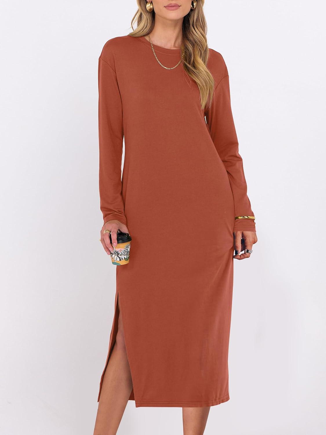 imageANRABESS Long Sleeve Midi Dresses for Women Fall Fashion Casual Vacation Crewneck Loose Split Striped Long Tshirts DressBrick Orange