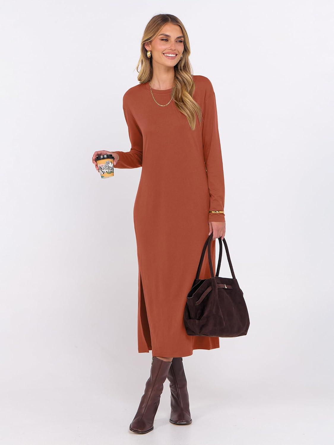 imageANRABESS Long Sleeve Midi Dresses for Women Fall Fashion Casual Vacation Crewneck Loose Split Striped Long Tshirts DressBrick Orange