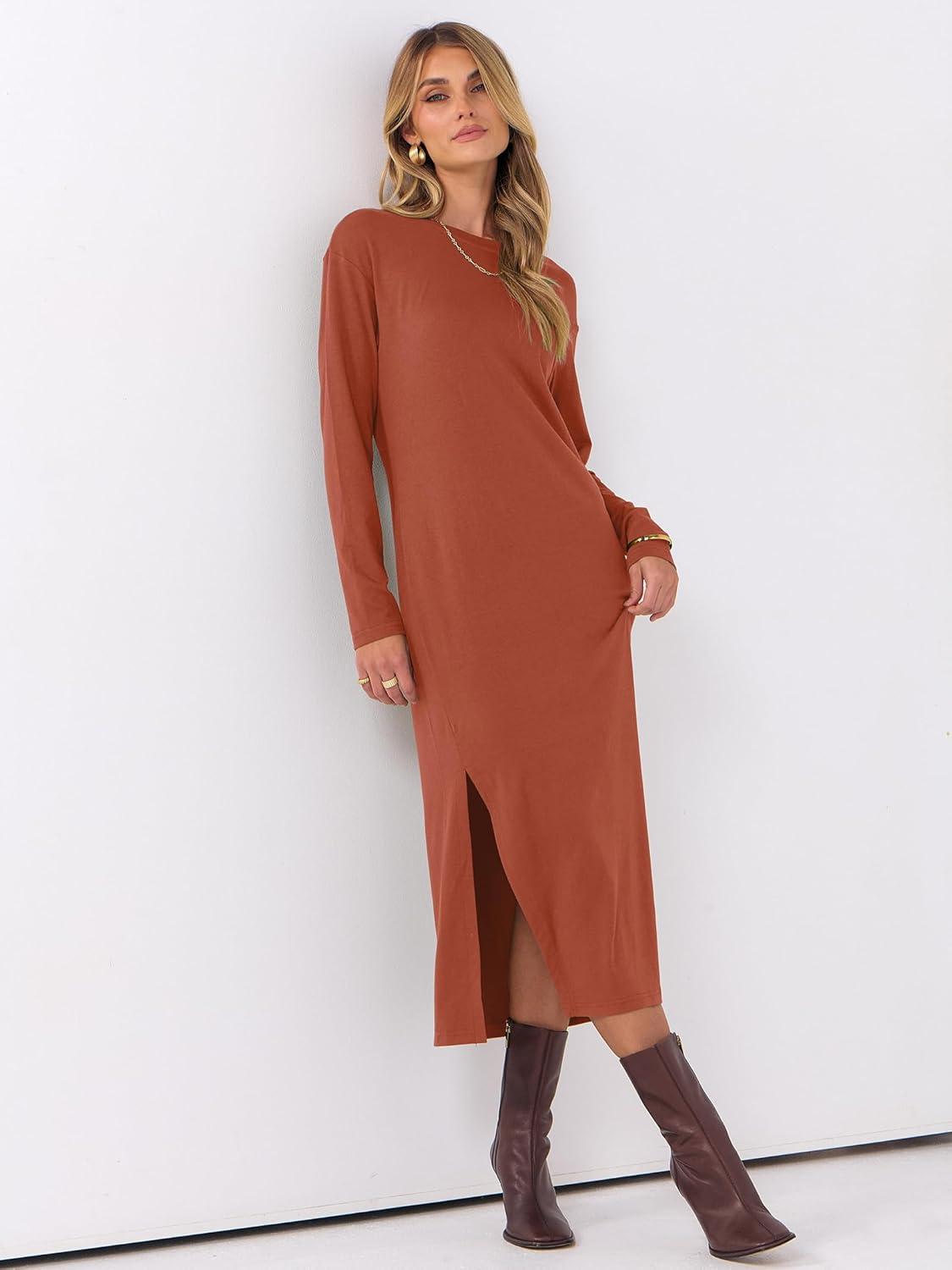 imageANRABESS Long Sleeve Midi Dresses for Women Fall Fashion Casual Vacation Crewneck Loose Split Striped Long Tshirts DressBrick Orange