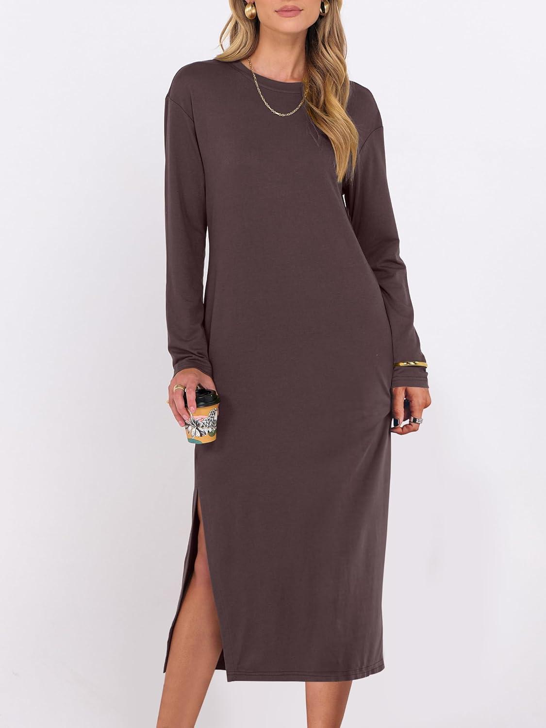 imageANRABESS Long Sleeve Midi Dresses for Women Fall Fashion Casual Vacation Crewneck Loose Split Striped Long Tshirts DressCoffee