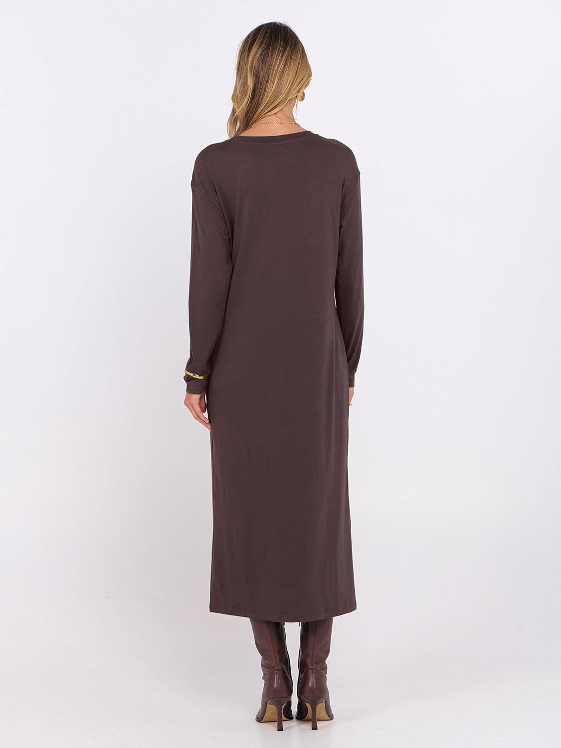 imageANRABESS Long Sleeve Midi Dresses for Women Fall Fashion Casual Vacation Crewneck Loose Split Striped Long Tshirts DressCoffee