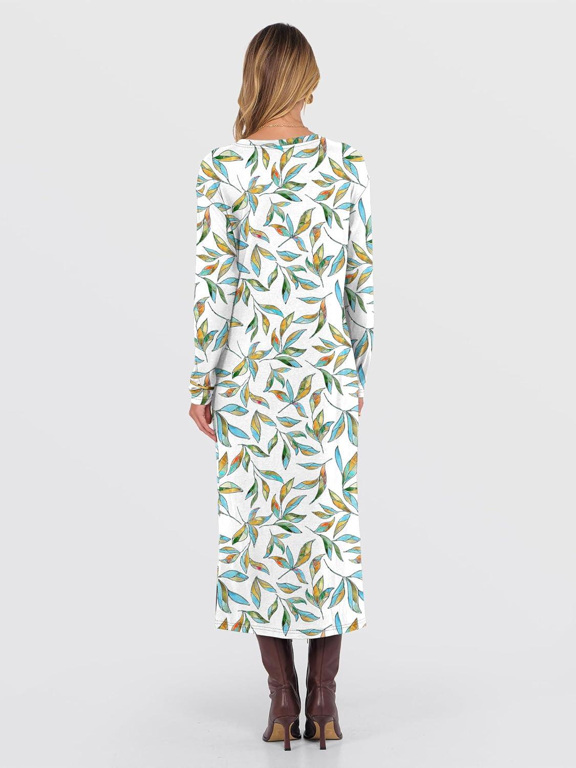 imageANRABESS Long Sleeve Midi Dresses for Women Fall Fashion Casual Vacation Crewneck Loose Split Striped Long Tshirts DressFloral Colorful