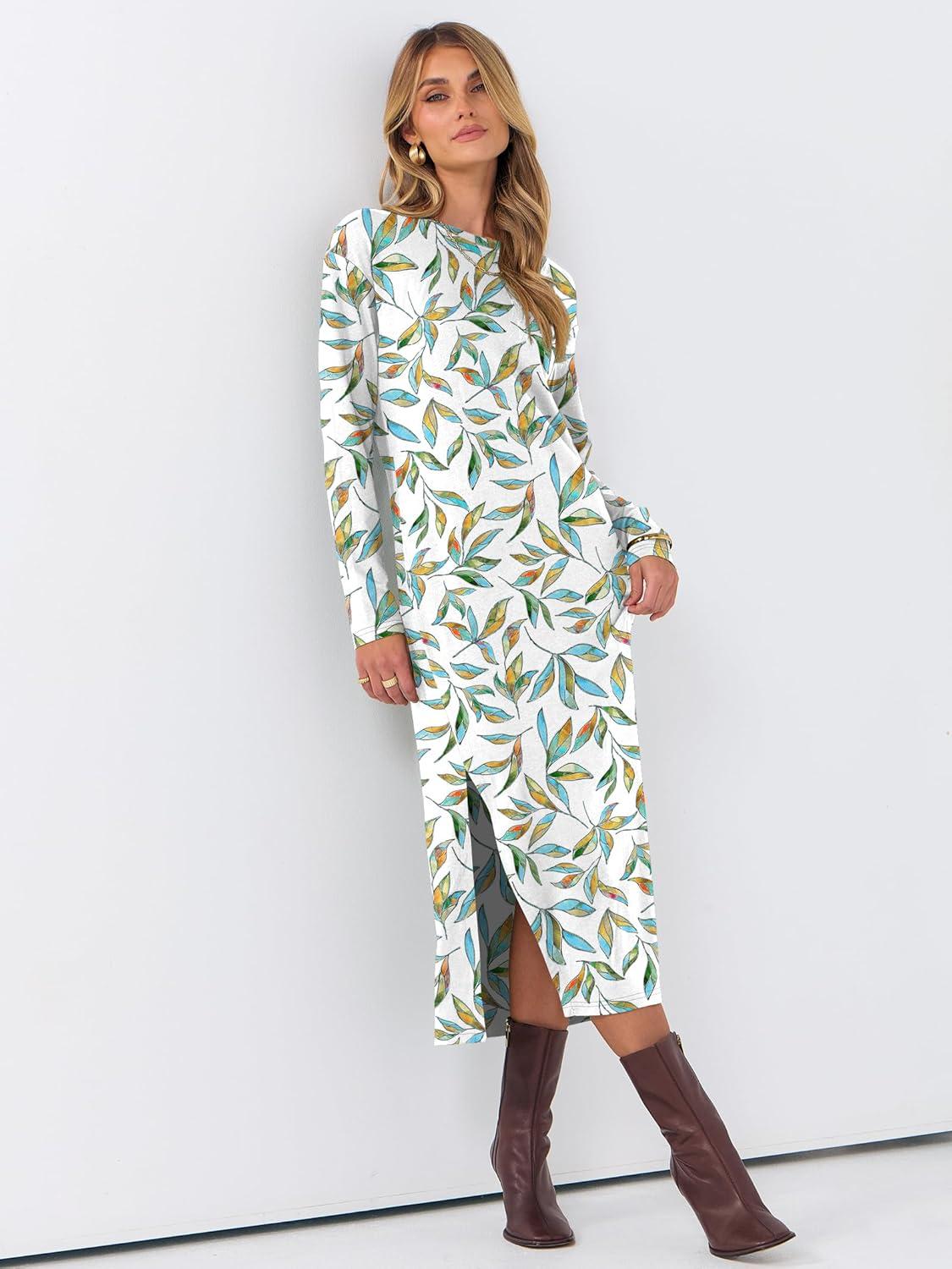 imageANRABESS Long Sleeve Midi Dresses for Women Fall Fashion Casual Vacation Crewneck Loose Split Striped Long Tshirts DressFloral Colorful