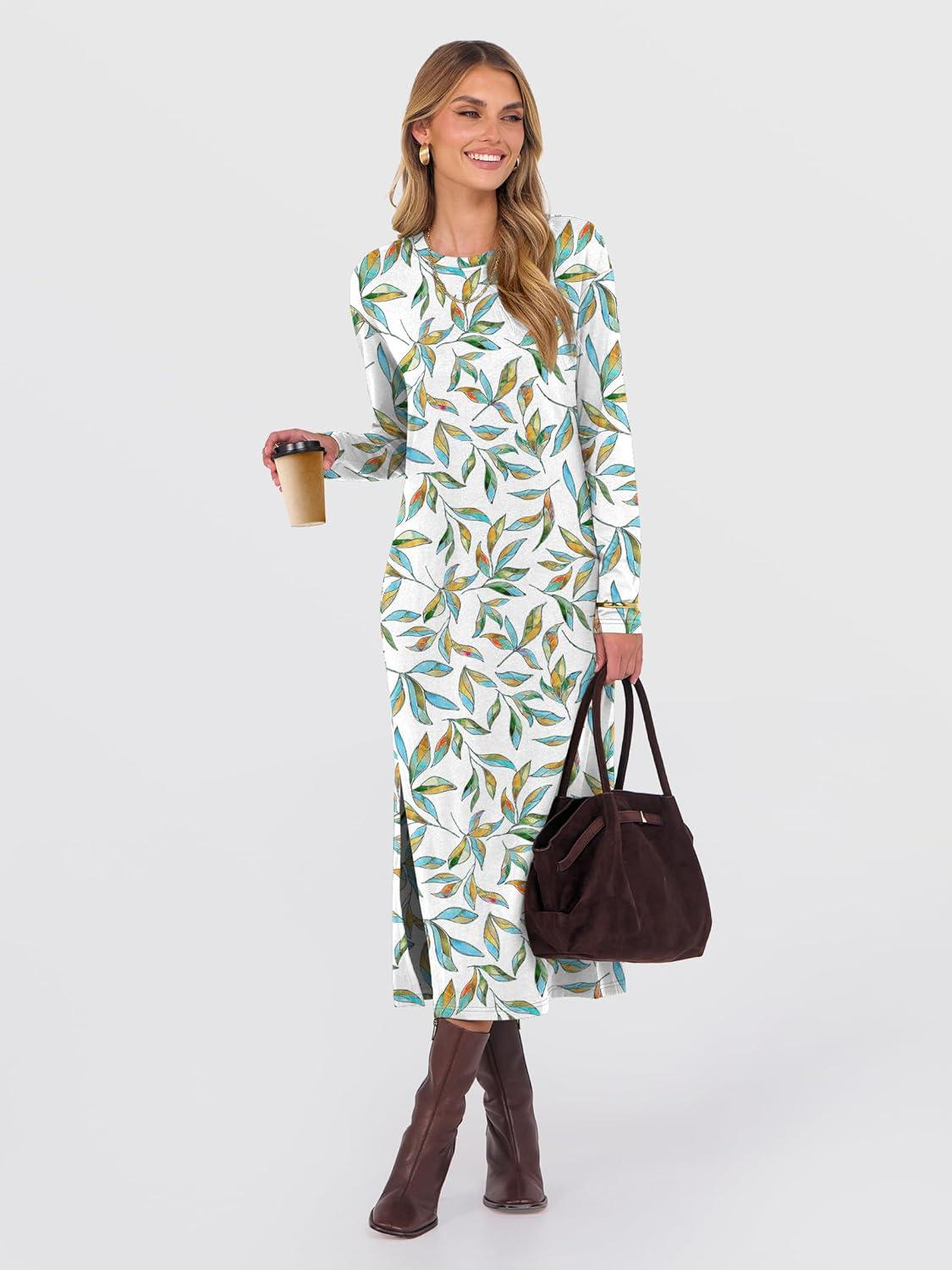 imageANRABESS Long Sleeve Midi Dresses for Women Fall Fashion Casual Vacation Crewneck Loose Split Striped Long Tshirts DressFloral Colorful