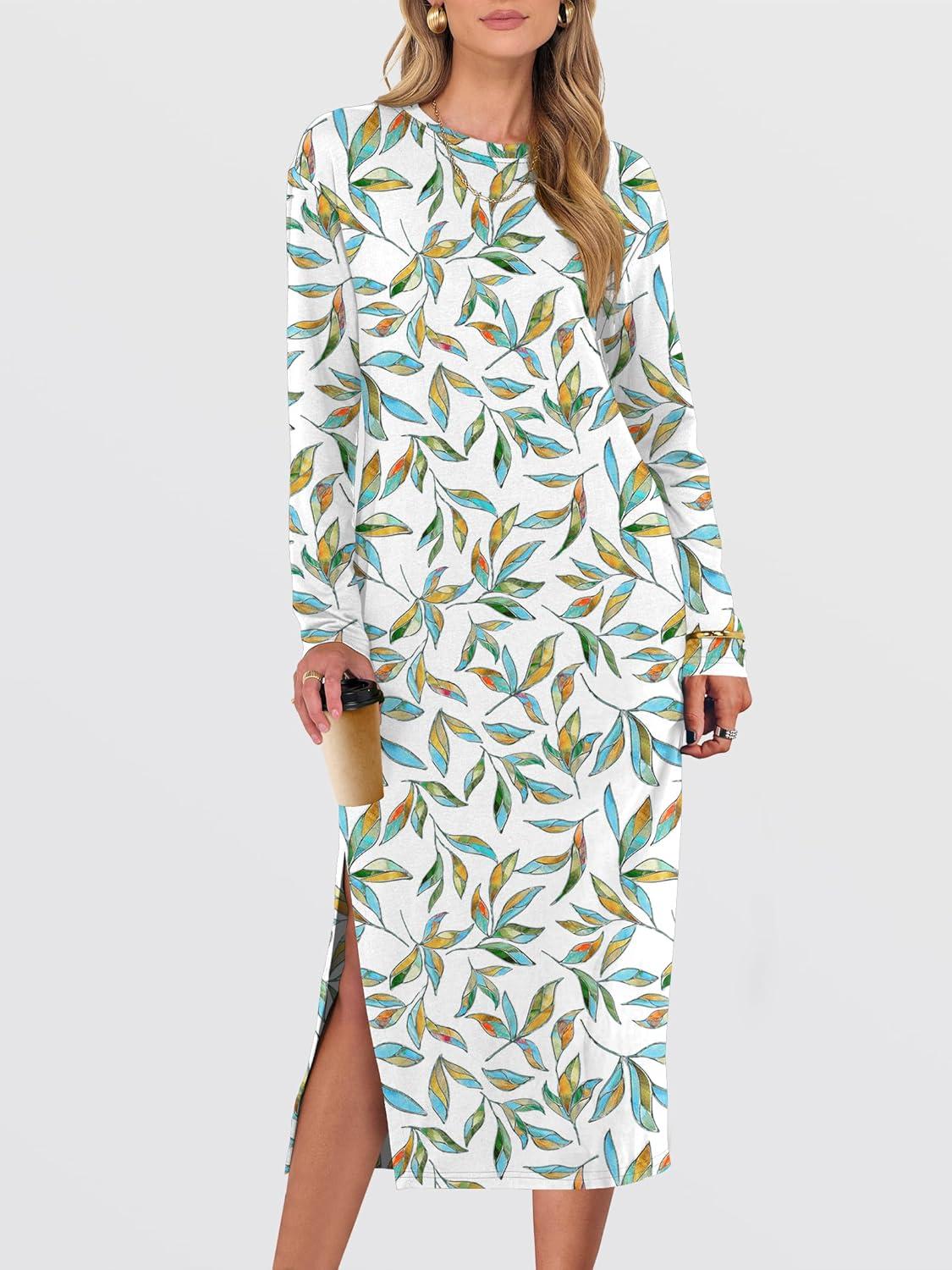 imageANRABESS Long Sleeve Midi Dresses for Women Fall Fashion Casual Vacation Crewneck Loose Split Striped Long Tshirts DressFloral Colorful