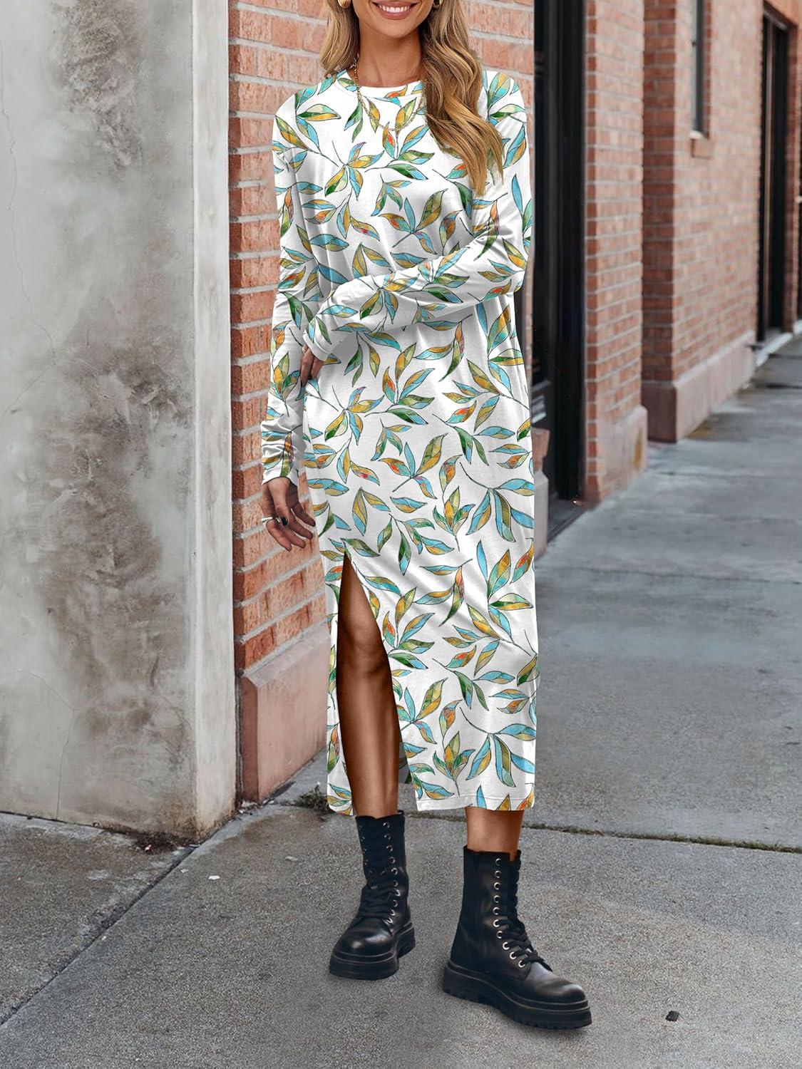 imageANRABESS Long Sleeve Midi Dresses for Women Fall Fashion Casual Vacation Crewneck Loose Split Striped Long Tshirts DressFloral Colorful