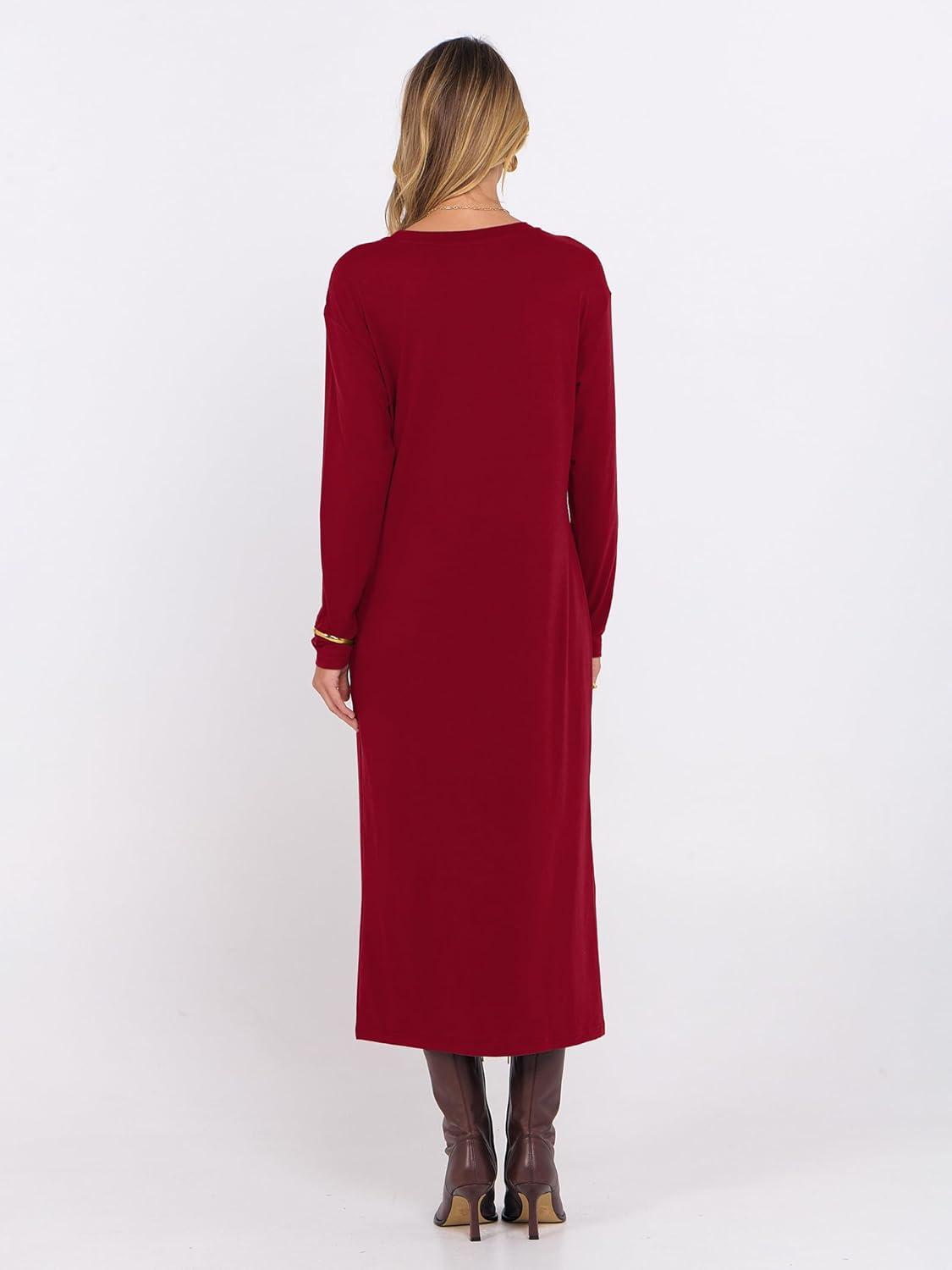 imageANRABESS Long Sleeve Midi Dresses for Women Fall Fashion Casual Vacation Crewneck Loose Split Striped Long Tshirts DressRed