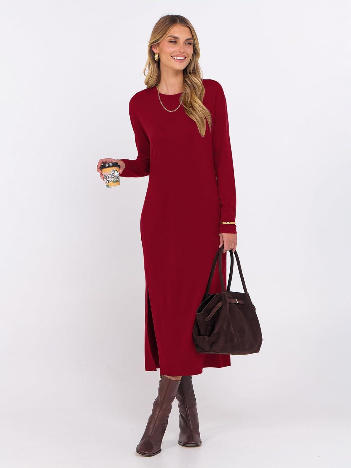 imageANRABESS Long Sleeve Midi Dresses for Women Fall Fashion Casual Vacation Crewneck Loose Split Striped Long Tshirts DressRed