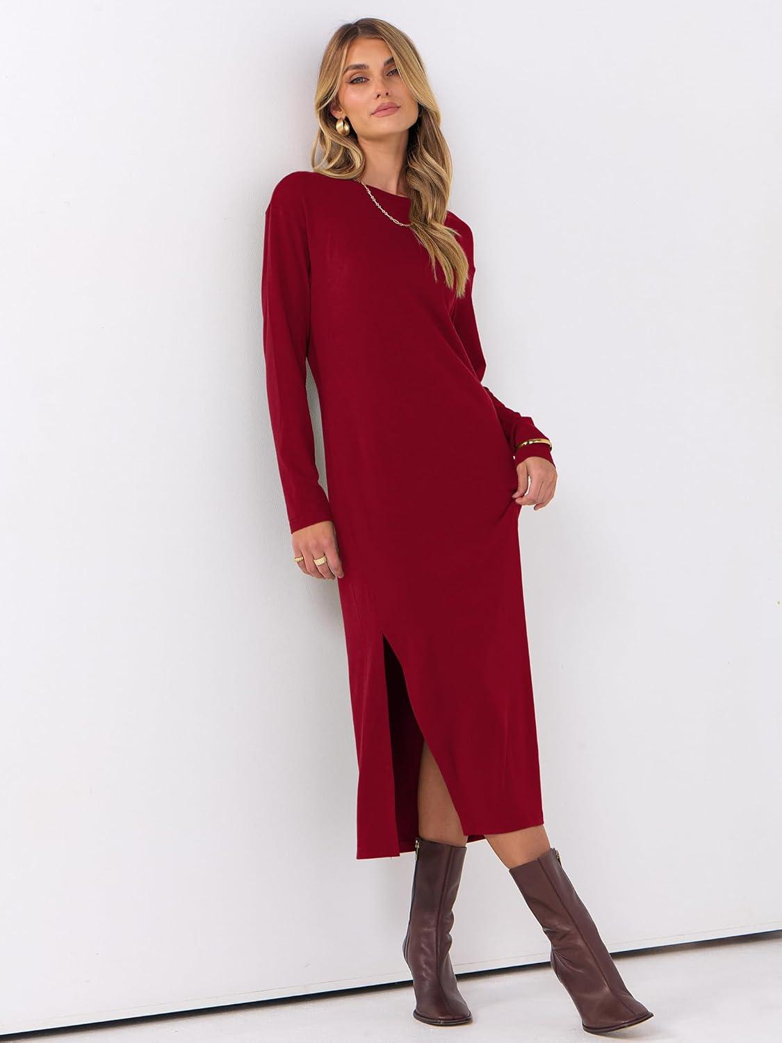 imageANRABESS Long Sleeve Midi Dresses for Women Fall Fashion Casual Vacation Crewneck Loose Split Striped Long Tshirts DressRed