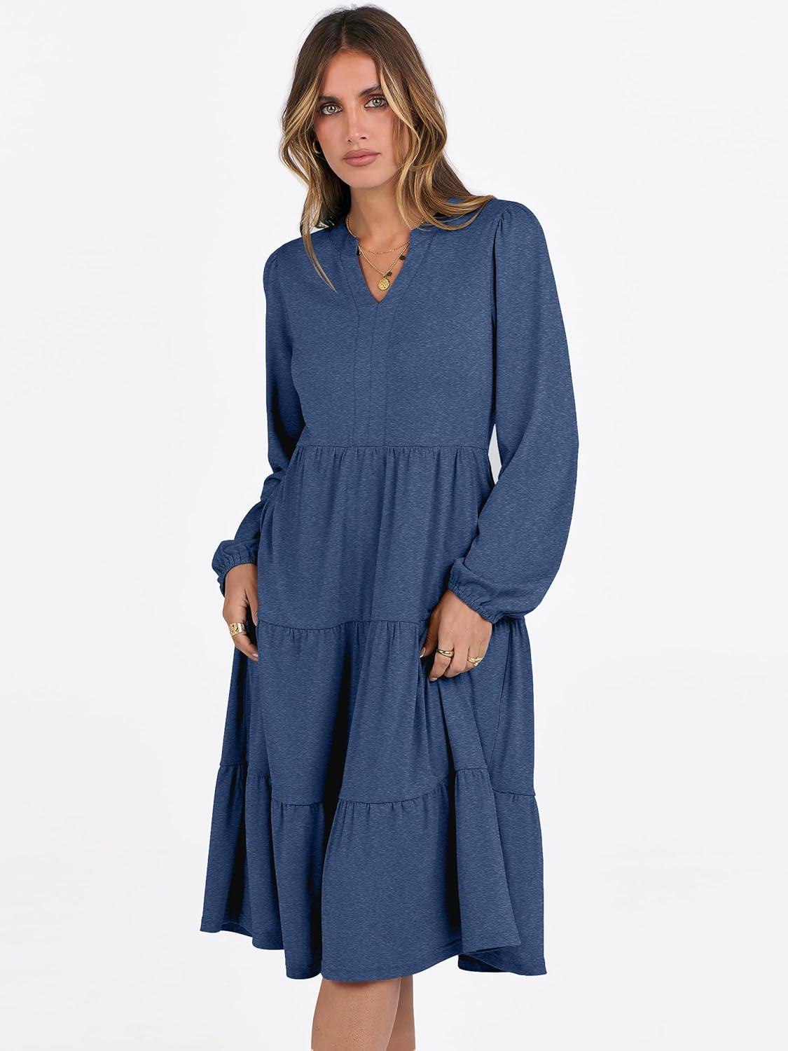 imageANRABESS Long Sleeve Midi Dresses for Women V Neck 2025 Fall Fashion Casual Loose Fit Flowy Swing Tiered Vacation Boho DressBlue
