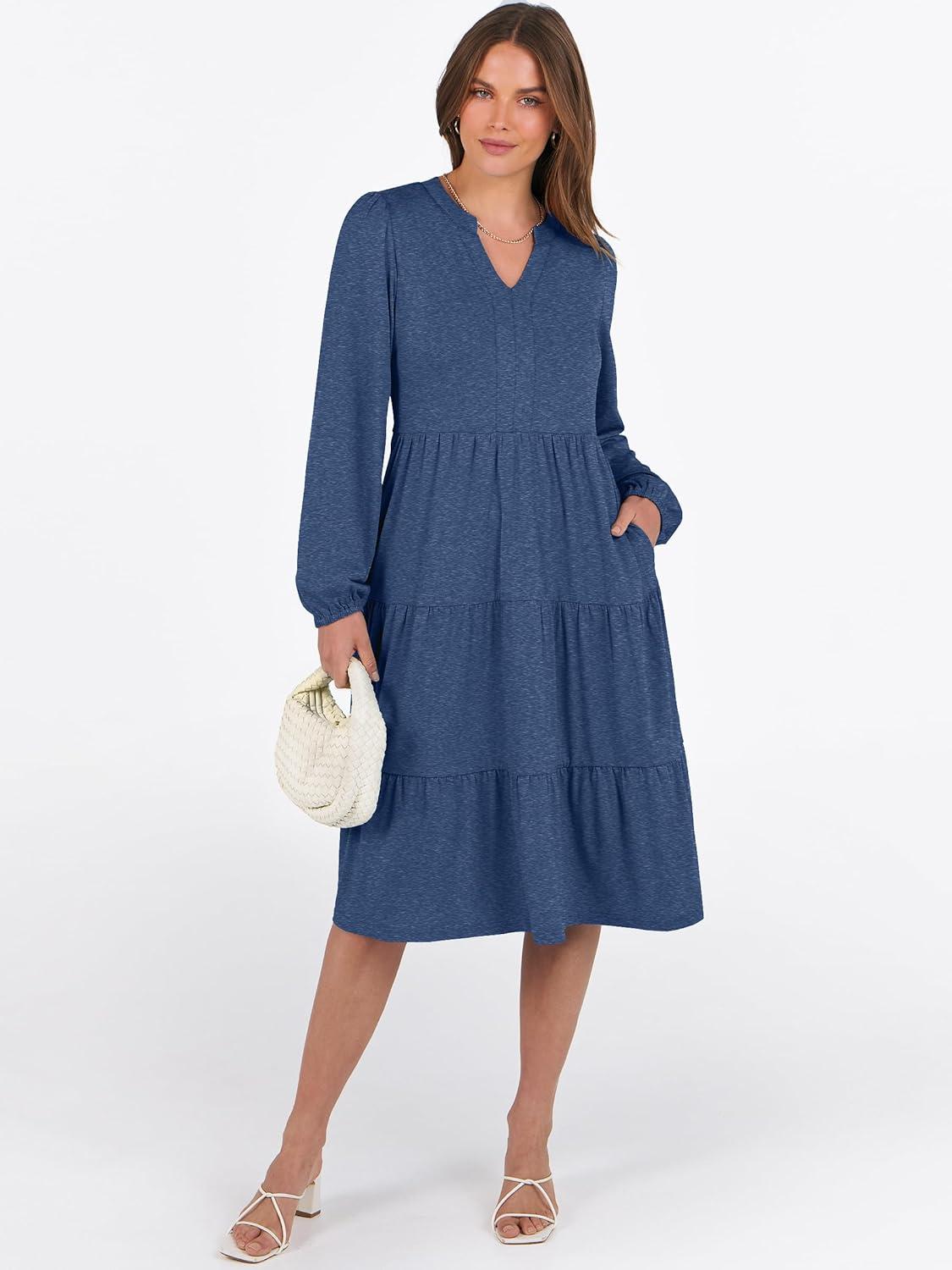 imageANRABESS Long Sleeve Midi Dresses for Women V Neck 2025 Fall Fashion Casual Loose Fit Flowy Swing Tiered Vacation Boho DressBlue