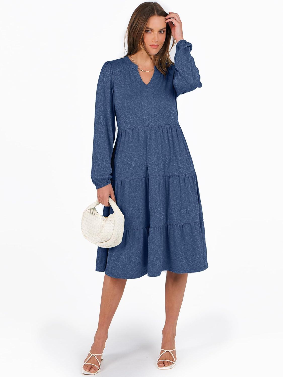 imageANRABESS Long Sleeve Midi Dresses for Women V Neck 2025 Fall Fashion Casual Loose Fit Flowy Swing Tiered Vacation Boho DressBlue