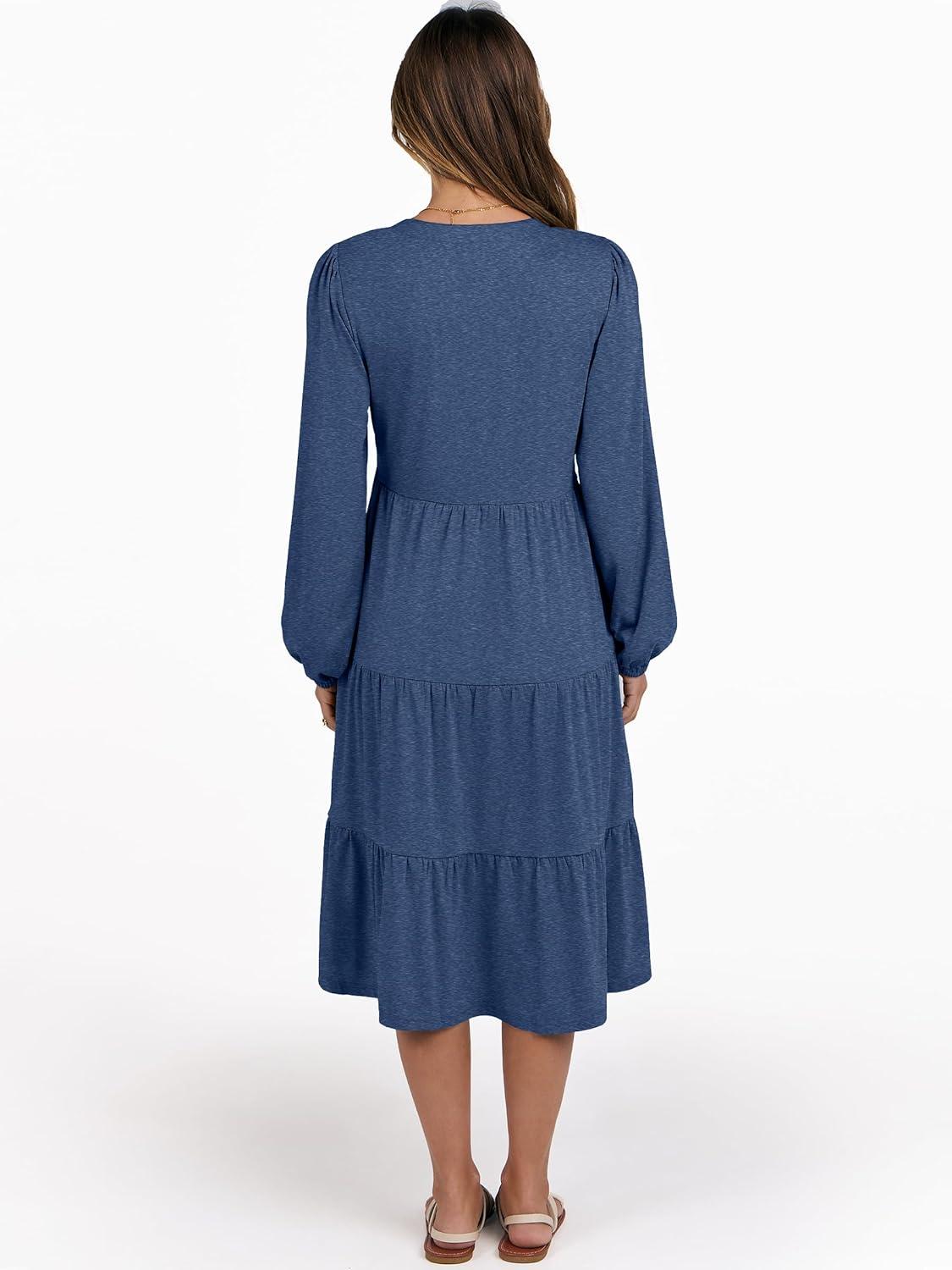 imageANRABESS Long Sleeve Midi Dresses for Women V Neck 2025 Fall Fashion Casual Loose Fit Flowy Swing Tiered Vacation Boho DressBlue