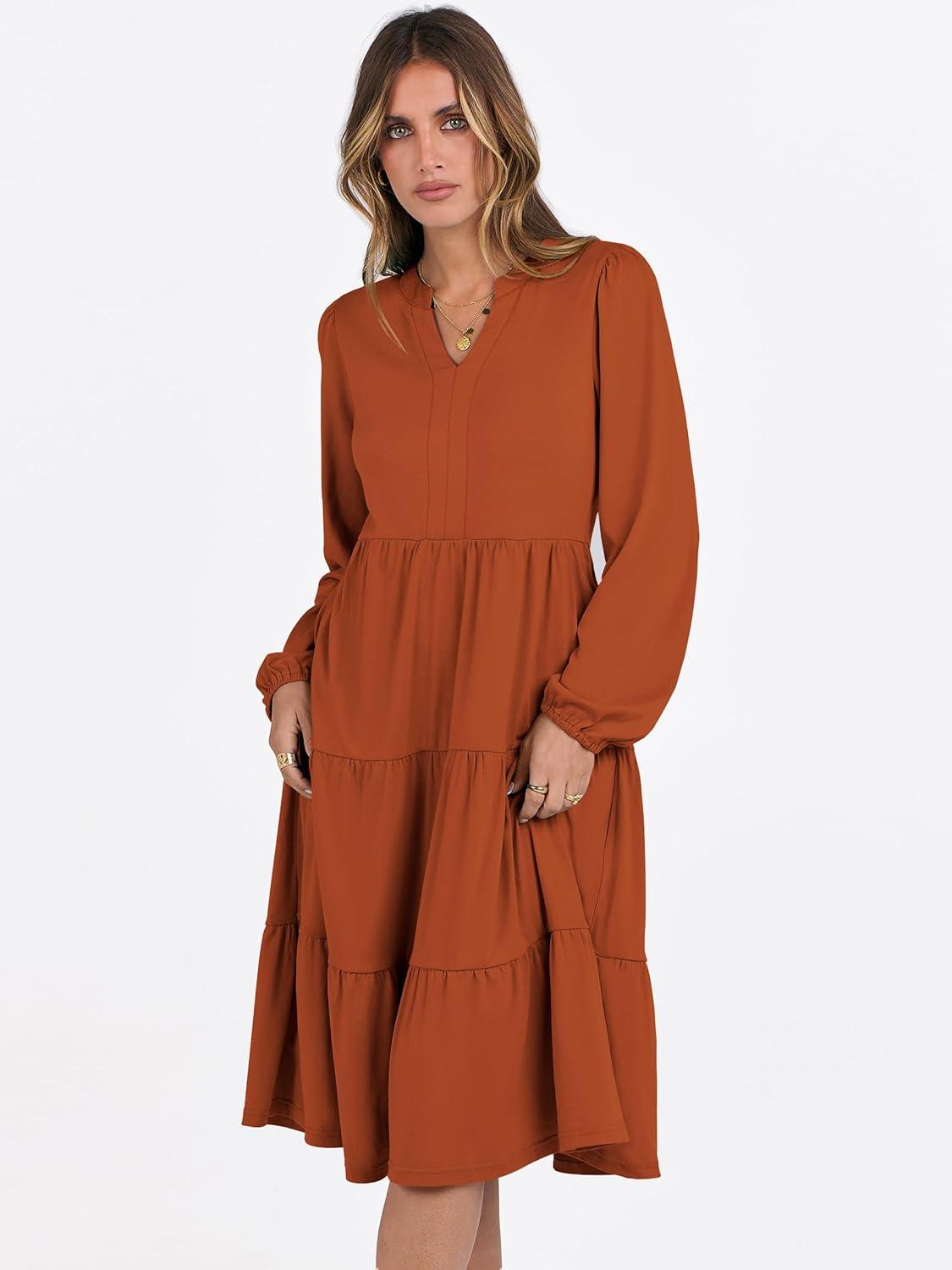 imageANRABESS Long Sleeve Midi Dresses for Women V Neck 2025 Fall Fashion Casual Loose Fit Flowy Swing Tiered Vacation Boho DressBrick Orange