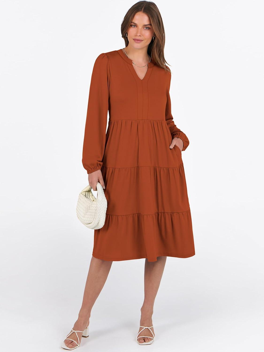 imageANRABESS Long Sleeve Midi Dresses for Women V Neck 2025 Fall Fashion Casual Loose Fit Flowy Swing Tiered Vacation Boho DressBrick Orange