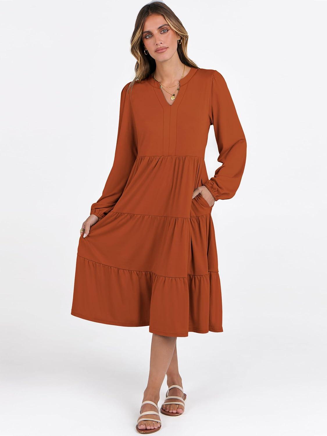 imageANRABESS Long Sleeve Midi Dresses for Women V Neck 2025 Fall Fashion Casual Loose Fit Flowy Swing Tiered Vacation Boho DressBrick Orange