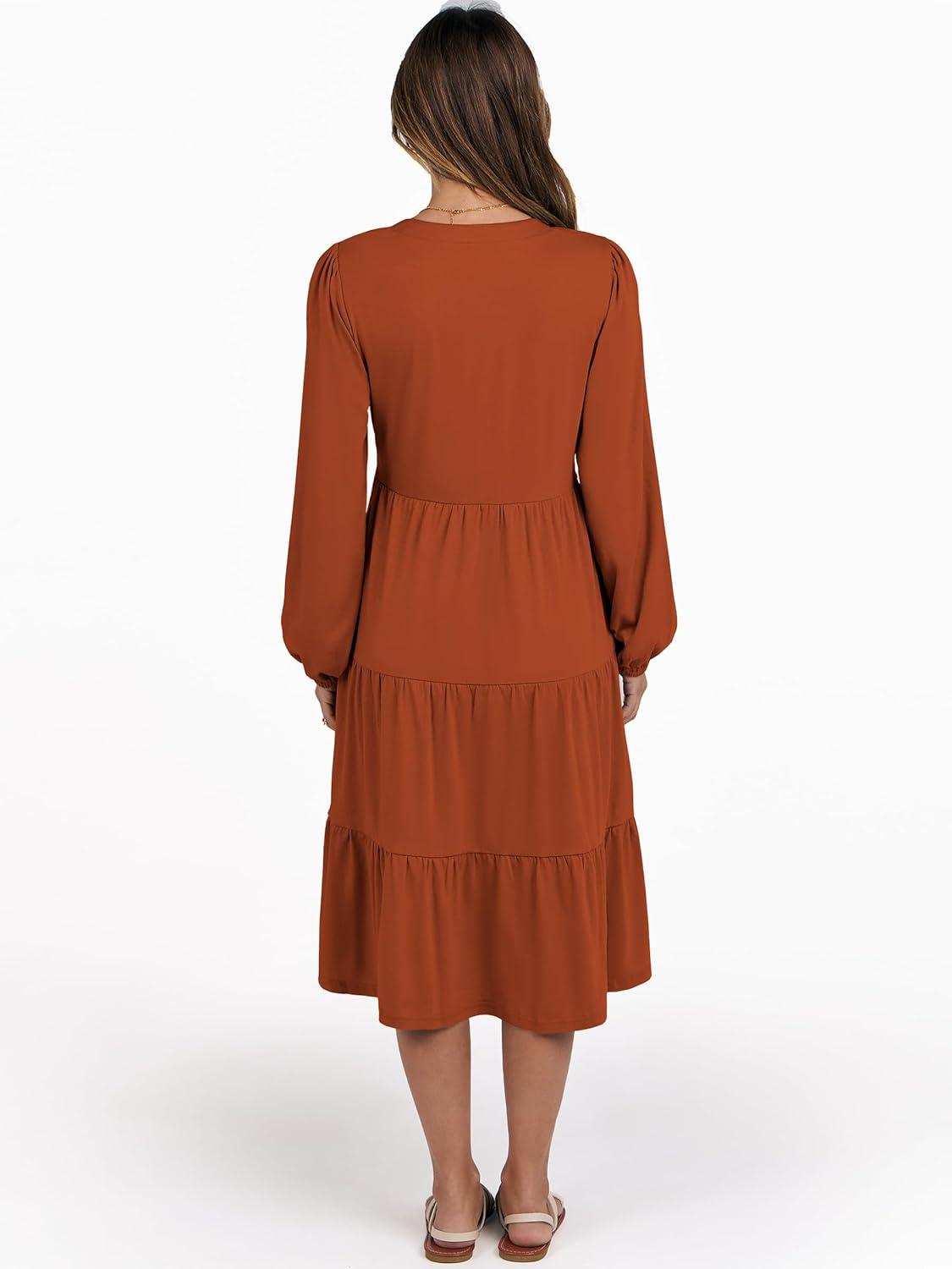 imageANRABESS Long Sleeve Midi Dresses for Women V Neck 2025 Fall Fashion Casual Loose Fit Flowy Swing Tiered Vacation Boho DressBrick Orange