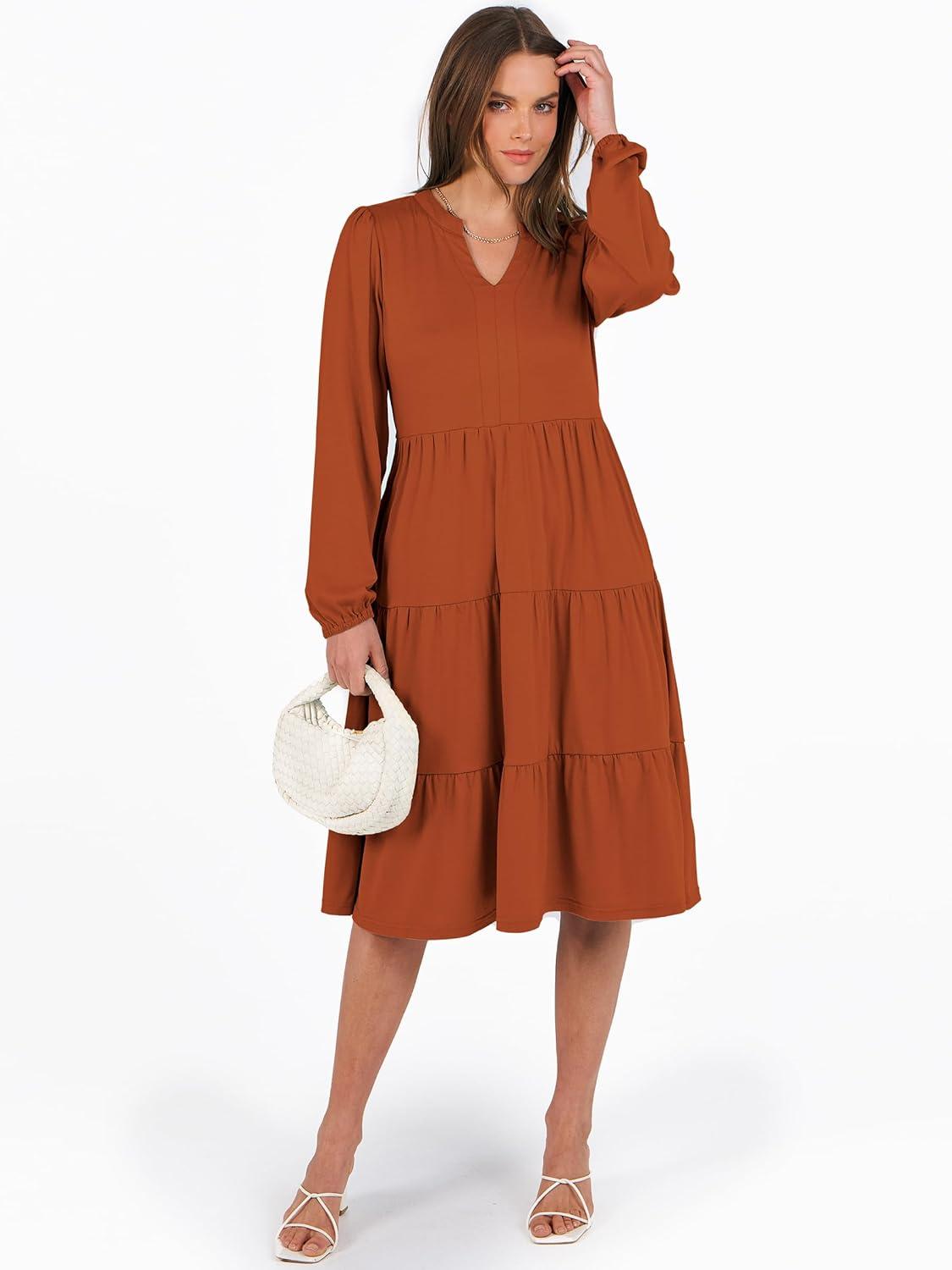 imageANRABESS Long Sleeve Midi Dresses for Women V Neck 2025 Fall Fashion Casual Loose Fit Flowy Swing Tiered Vacation Boho DressBrick Orange