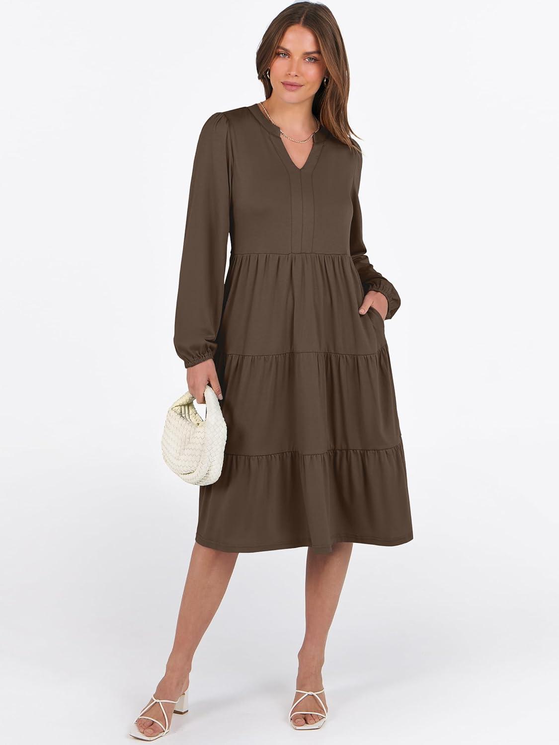 imageANRABESS Long Sleeve Midi Dresses for Women V Neck 2025 Fall Fashion Casual Loose Fit Flowy Swing Tiered Vacation Boho DressCoffee