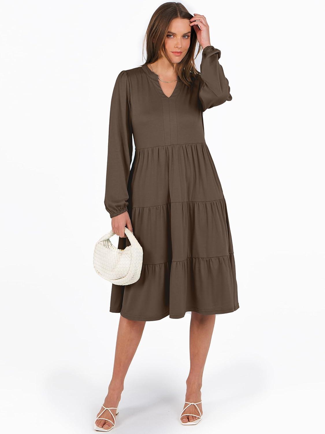 imageANRABESS Long Sleeve Midi Dresses for Women V Neck 2025 Fall Fashion Casual Loose Fit Flowy Swing Tiered Vacation Boho DressCoffee