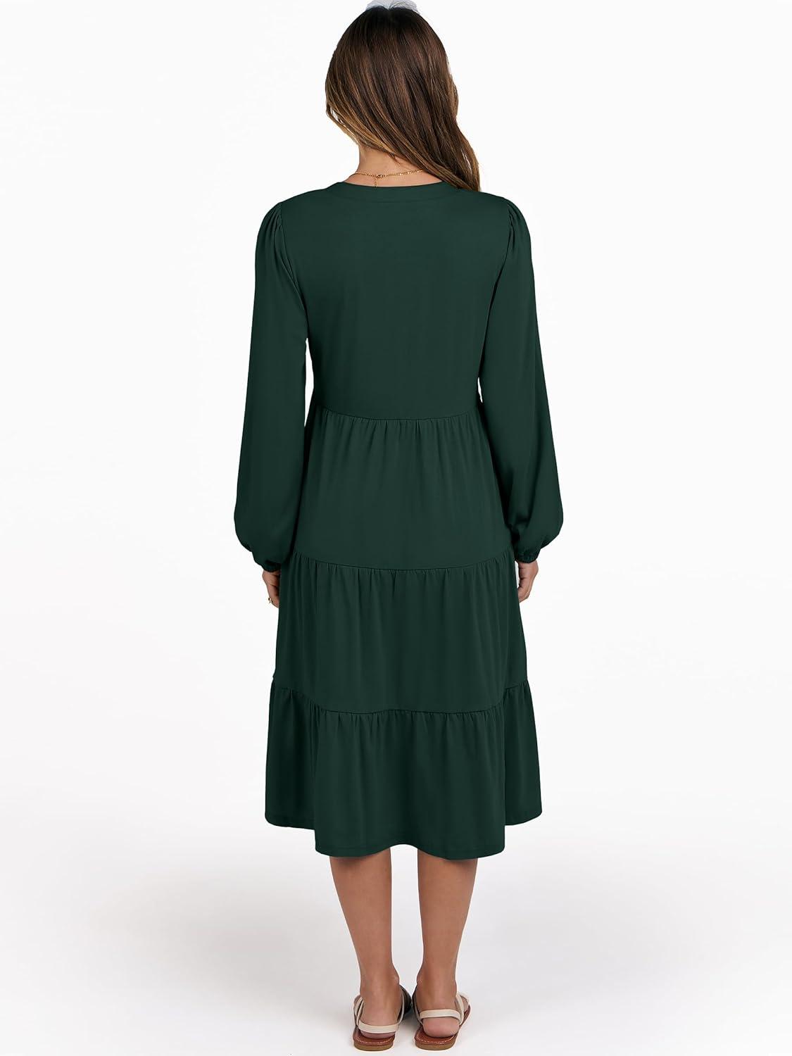 imageANRABESS Long Sleeve Midi Dresses for Women V Neck 2025 Fall Fashion Casual Loose Fit Flowy Swing Tiered Vacation Boho DressDeep Green