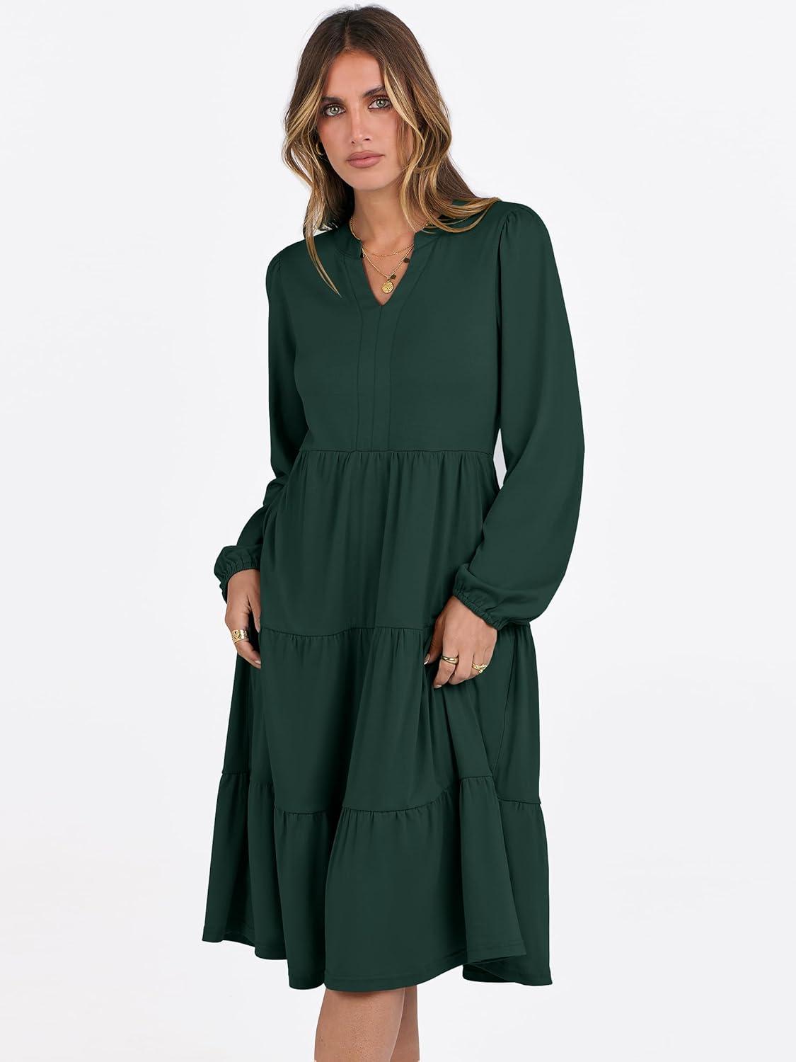 imageANRABESS Long Sleeve Midi Dresses for Women V Neck 2025 Fall Fashion Casual Loose Fit Flowy Swing Tiered Vacation Boho DressDeep Green
