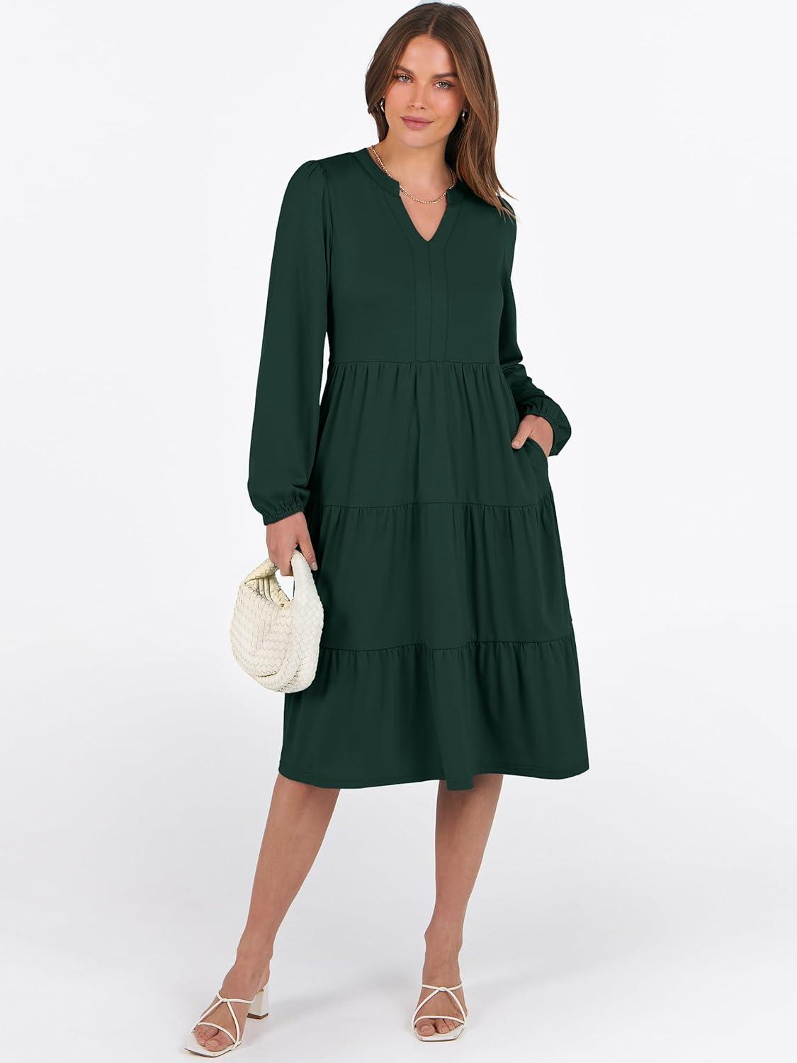 imageANRABESS Long Sleeve Midi Dresses for Women V Neck 2025 Fall Fashion Casual Loose Fit Flowy Swing Tiered Vacation Boho DressDeep Green