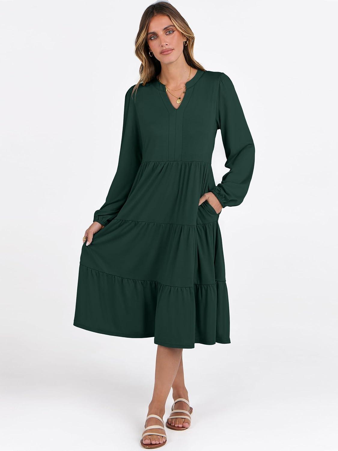 imageANRABESS Long Sleeve Midi Dresses for Women V Neck 2025 Fall Fashion Casual Loose Fit Flowy Swing Tiered Vacation Boho DressDeep Green