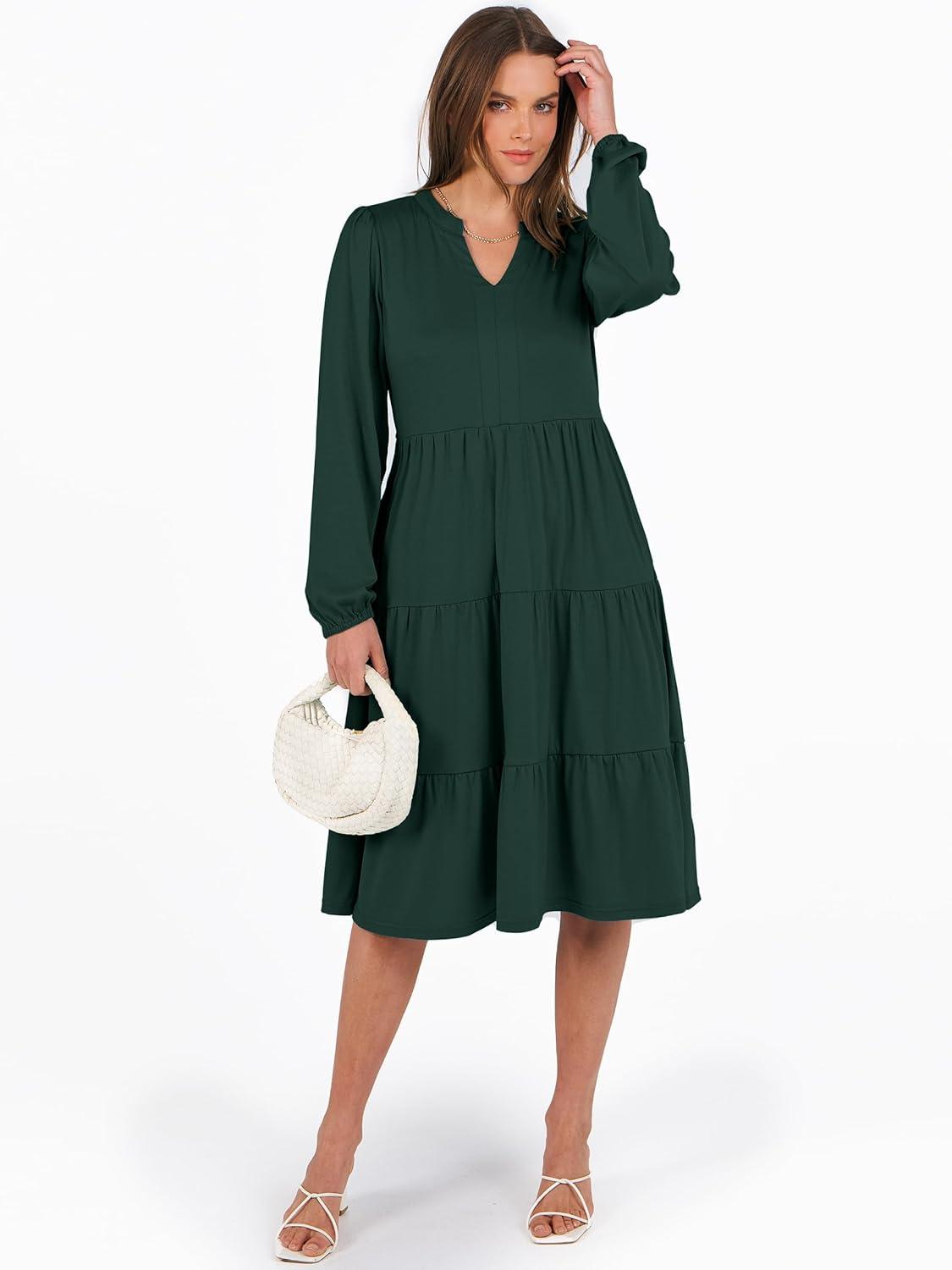 imageANRABESS Long Sleeve Midi Dresses for Women V Neck 2025 Fall Fashion Casual Loose Fit Flowy Swing Tiered Vacation Boho DressDeep Green
