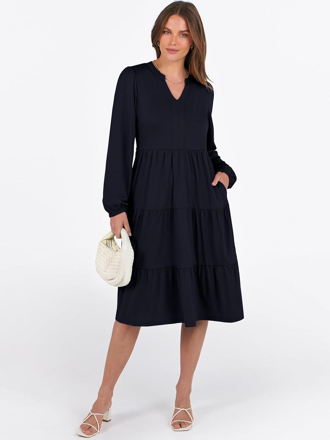 imageANRABESS Long Sleeve Midi Dresses for Women V Neck 2025 Fall Fashion Casual Loose Fit Flowy Swing Tiered Vacation Boho DressDeep Navy Blue