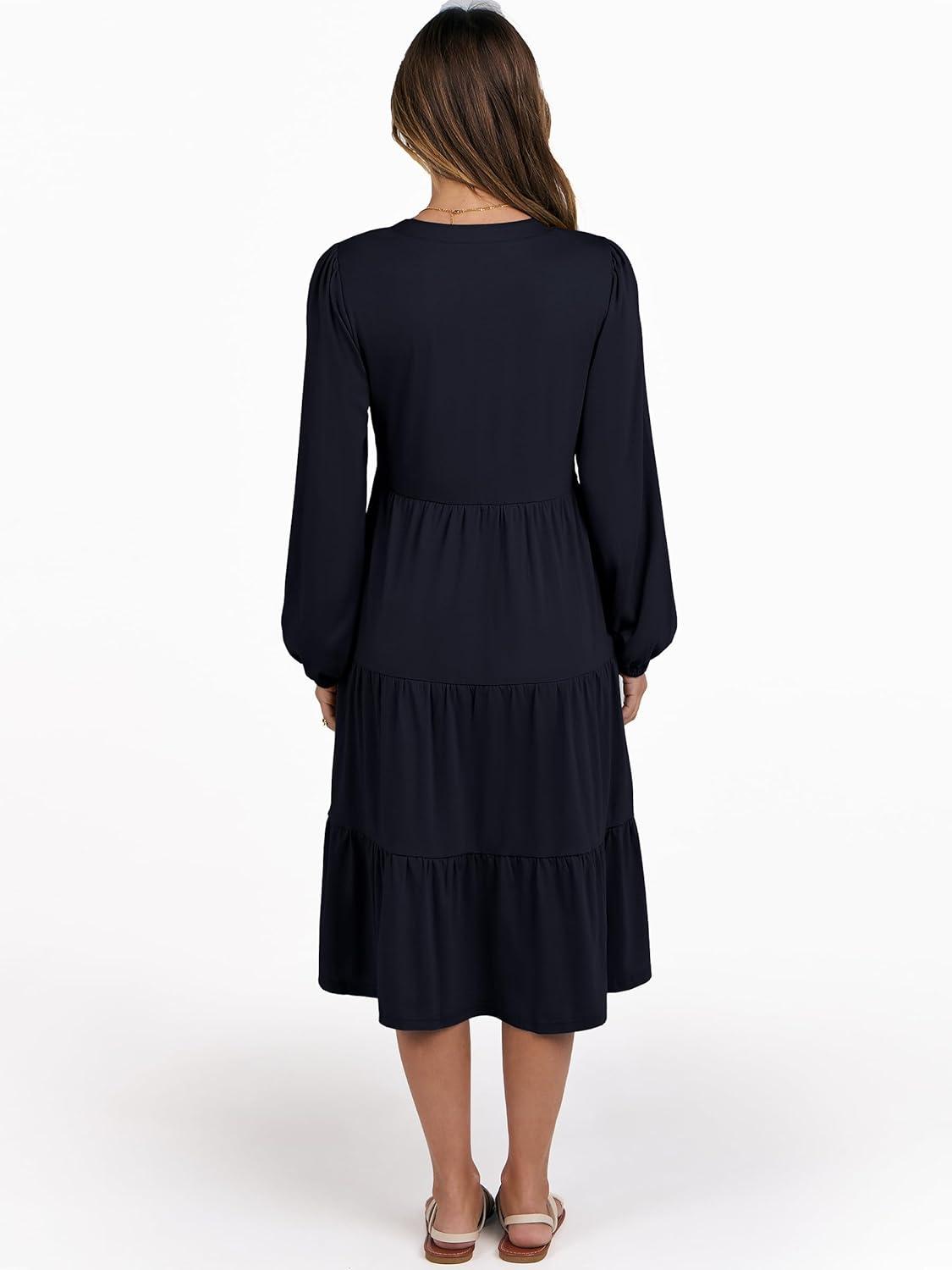 imageANRABESS Long Sleeve Midi Dresses for Women V Neck 2025 Fall Fashion Casual Loose Fit Flowy Swing Tiered Vacation Boho DressDeep Navy Blue