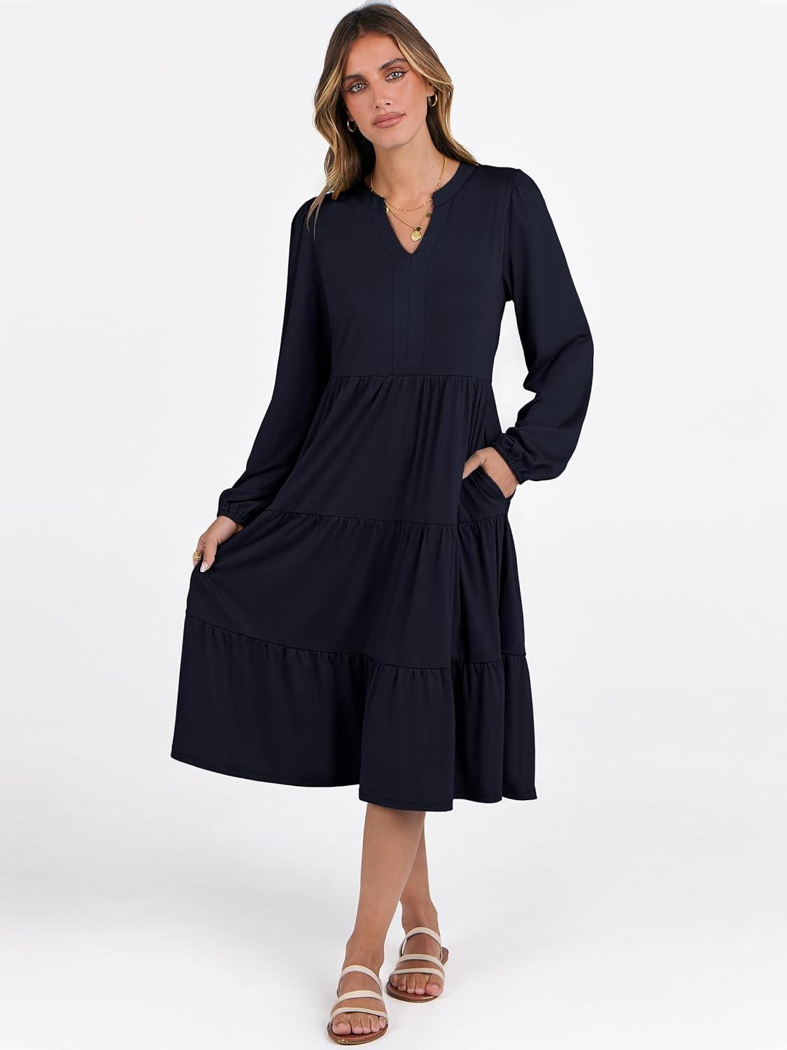 imageANRABESS Long Sleeve Midi Dresses for Women V Neck 2025 Fall Fashion Casual Loose Fit Flowy Swing Tiered Vacation Boho DressDeep Navy Blue
