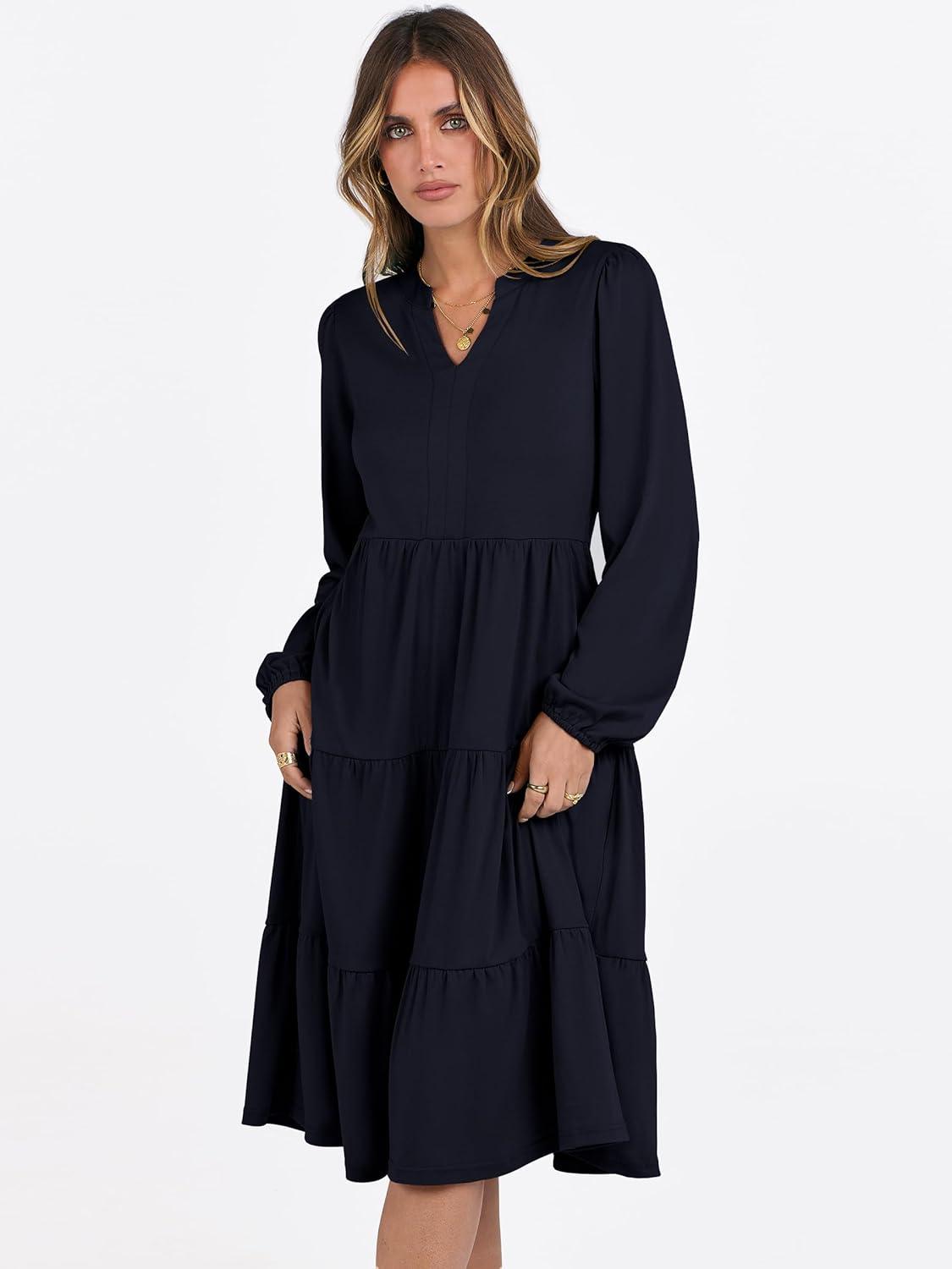 imageANRABESS Long Sleeve Midi Dresses for Women V Neck 2025 Fall Fashion Casual Loose Fit Flowy Swing Tiered Vacation Boho DressDeep Navy Blue