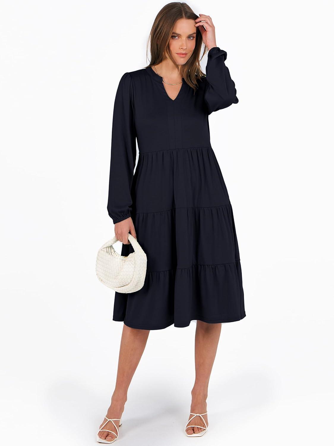 imageANRABESS Long Sleeve Midi Dresses for Women V Neck 2025 Fall Fashion Casual Loose Fit Flowy Swing Tiered Vacation Boho DressDeep Navy Blue