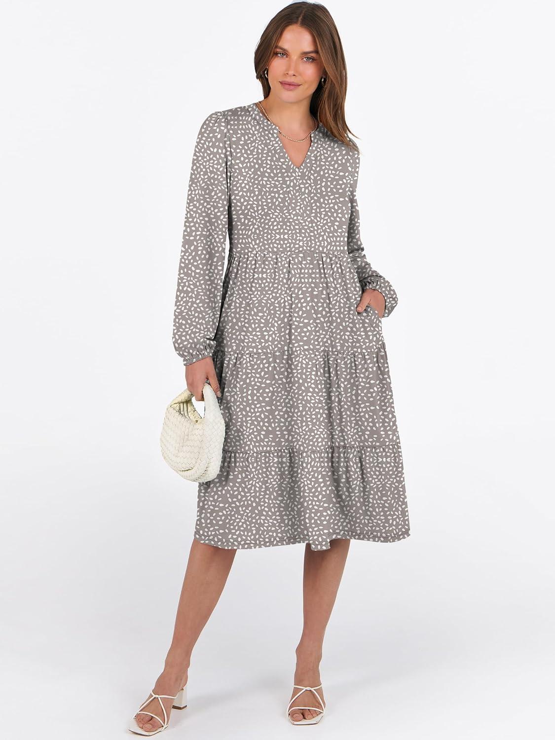 imageANRABESS Long Sleeve Midi Dresses for Women V Neck 2025 Fall Fashion Casual Loose Fit Flowy Swing Tiered Vacation Boho DressKhaki Polka Dot