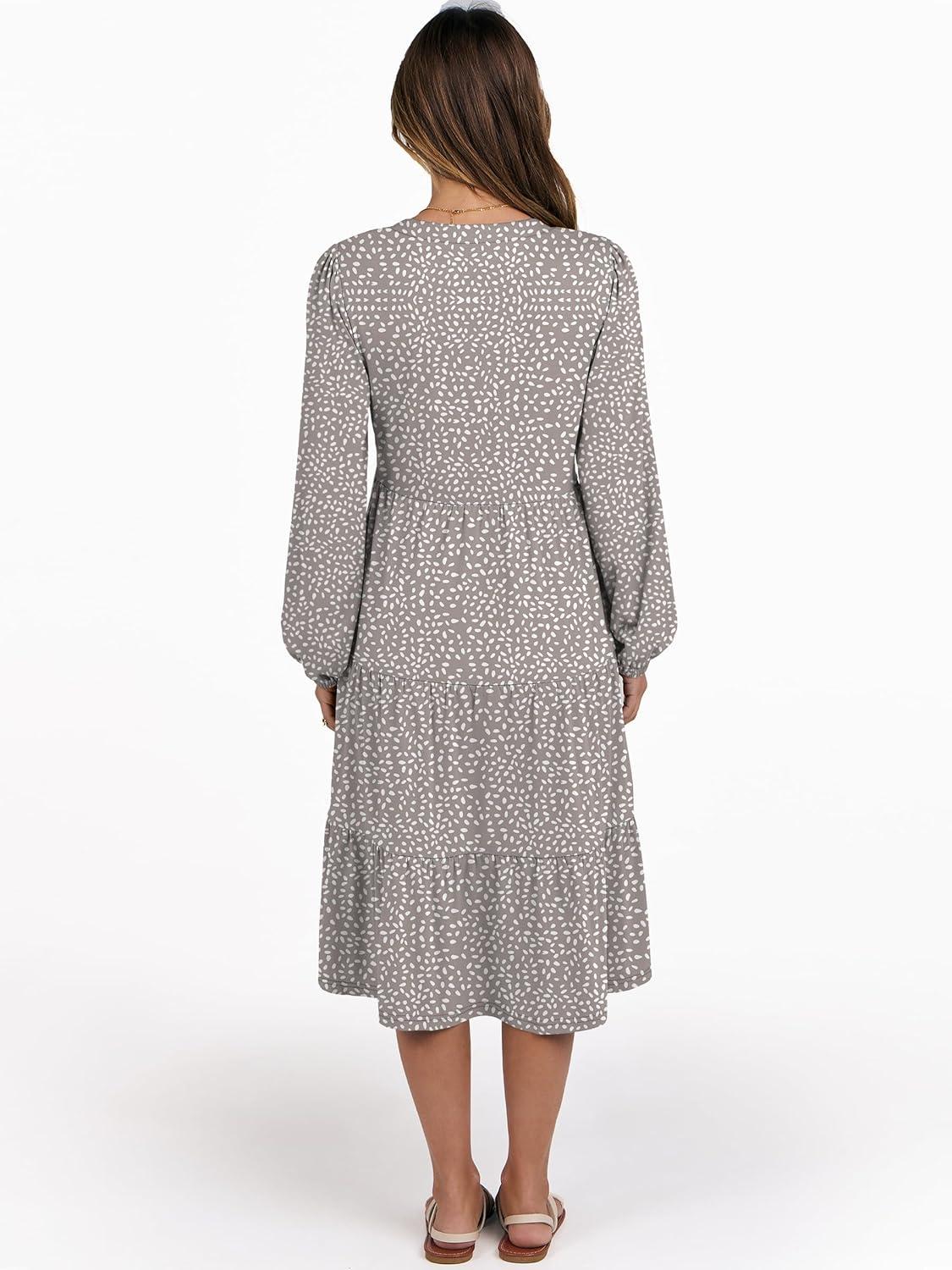 imageANRABESS Long Sleeve Midi Dresses for Women V Neck 2025 Fall Fashion Casual Loose Fit Flowy Swing Tiered Vacation Boho DressKhaki Polka Dot