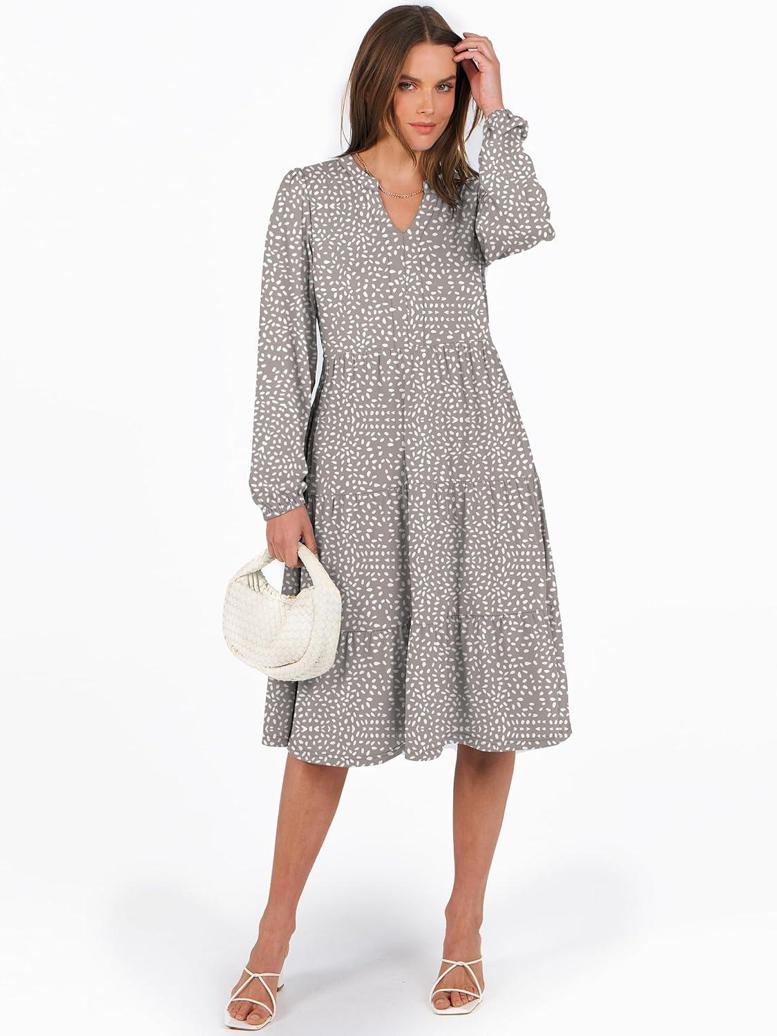 imageANRABESS Long Sleeve Midi Dresses for Women V Neck 2025 Fall Fashion Casual Loose Fit Flowy Swing Tiered Vacation Boho DressKhaki Polka Dot