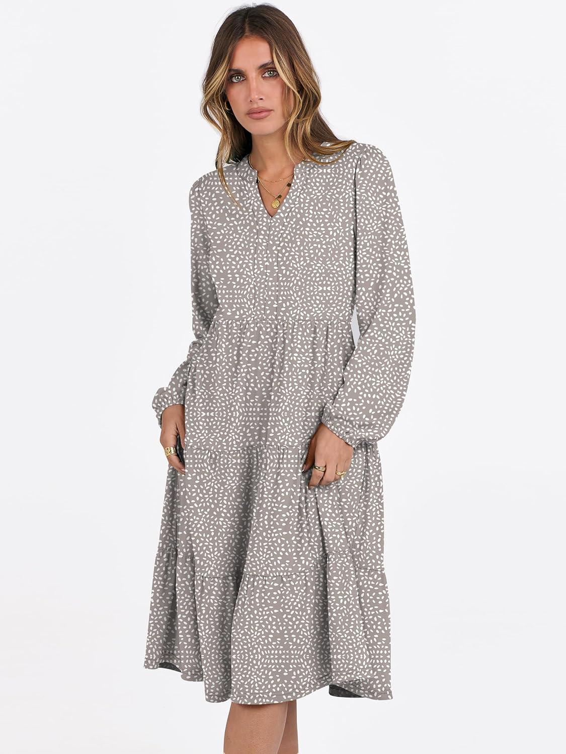 imageANRABESS Long Sleeve Midi Dresses for Women V Neck 2025 Fall Fashion Casual Loose Fit Flowy Swing Tiered Vacation Boho DressKhaki Polka Dot