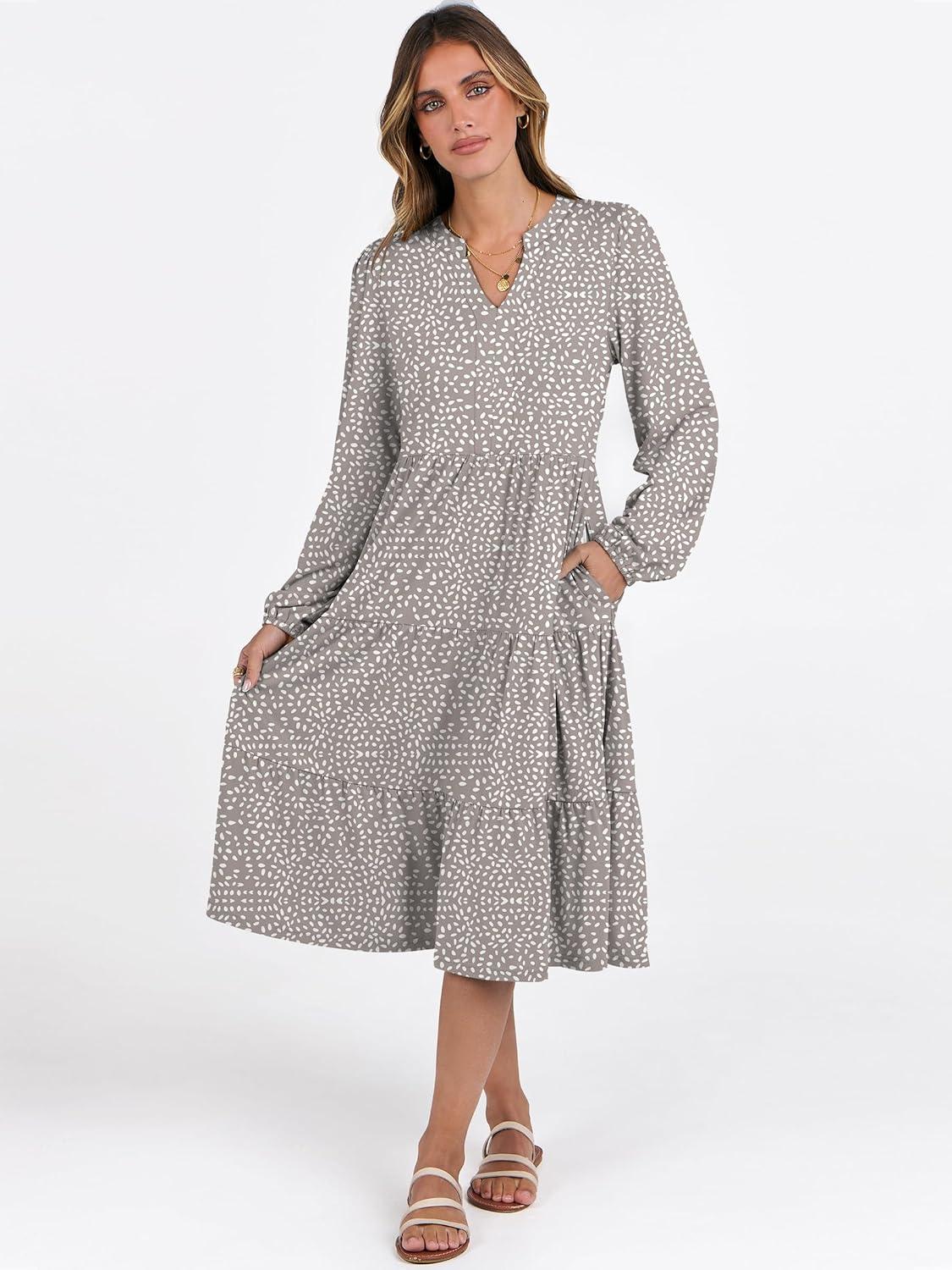 imageANRABESS Long Sleeve Midi Dresses for Women V Neck 2025 Fall Fashion Casual Loose Fit Flowy Swing Tiered Vacation Boho DressKhaki Polka Dot