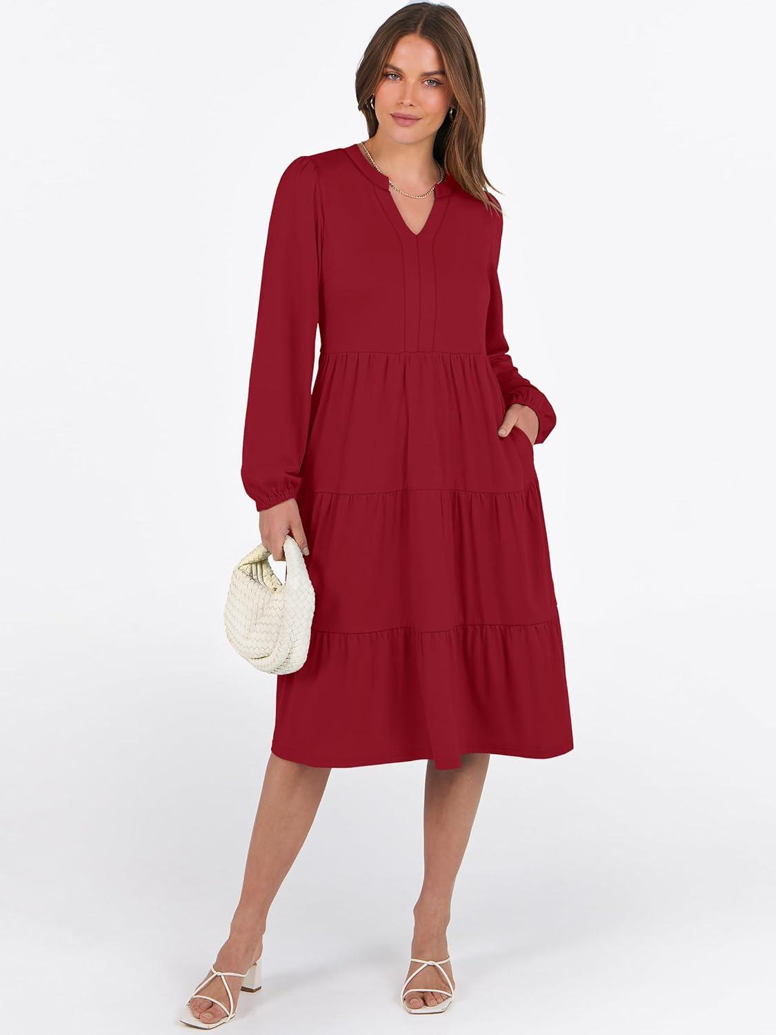 imageANRABESS Long Sleeve Midi Dresses for Women V Neck 2025 Fall Fashion Casual Loose Fit Flowy Swing Tiered Vacation Boho DressRed