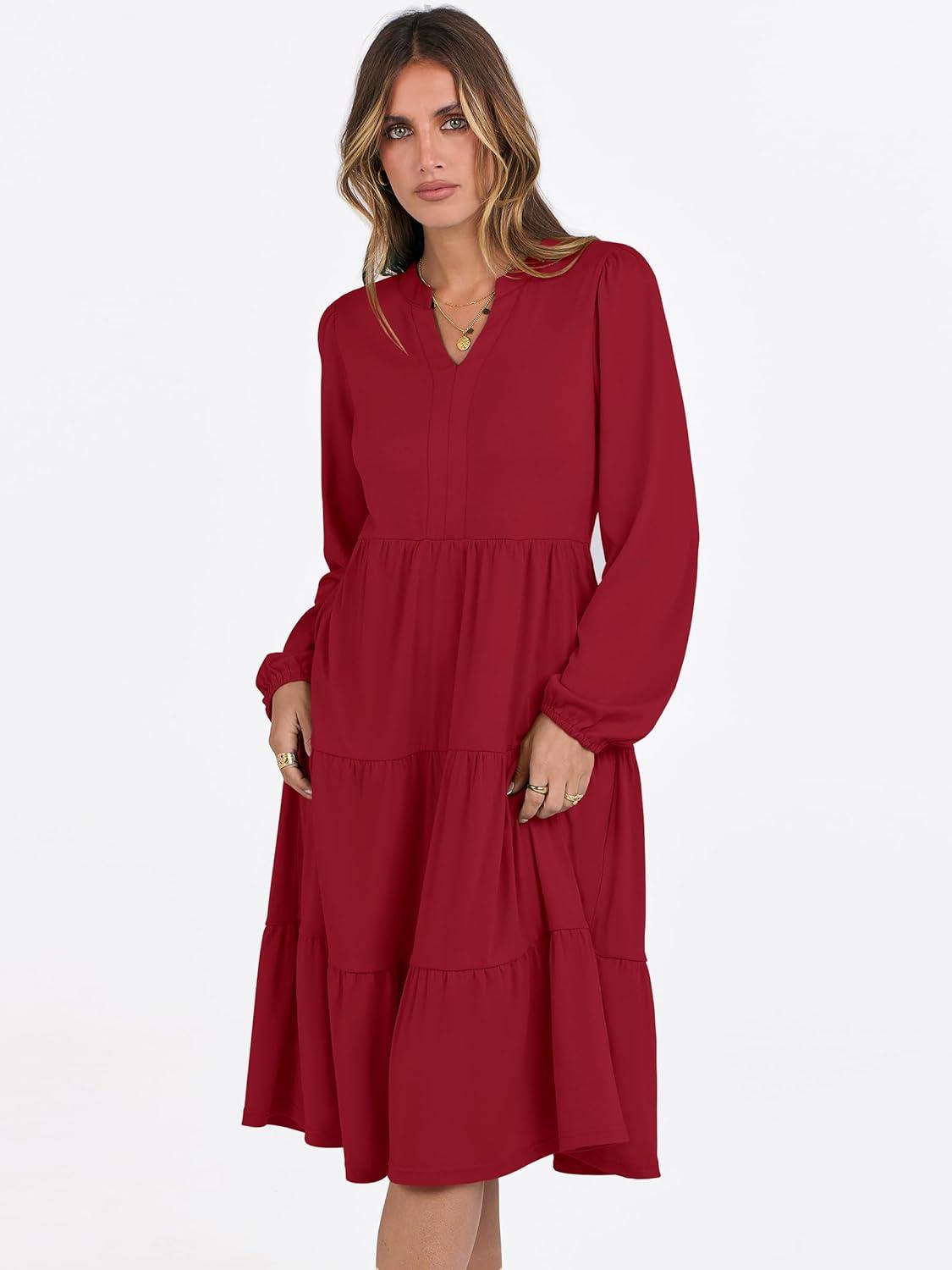imageANRABESS Long Sleeve Midi Dresses for Women V Neck 2025 Fall Fashion Casual Loose Fit Flowy Swing Tiered Vacation Boho DressRed