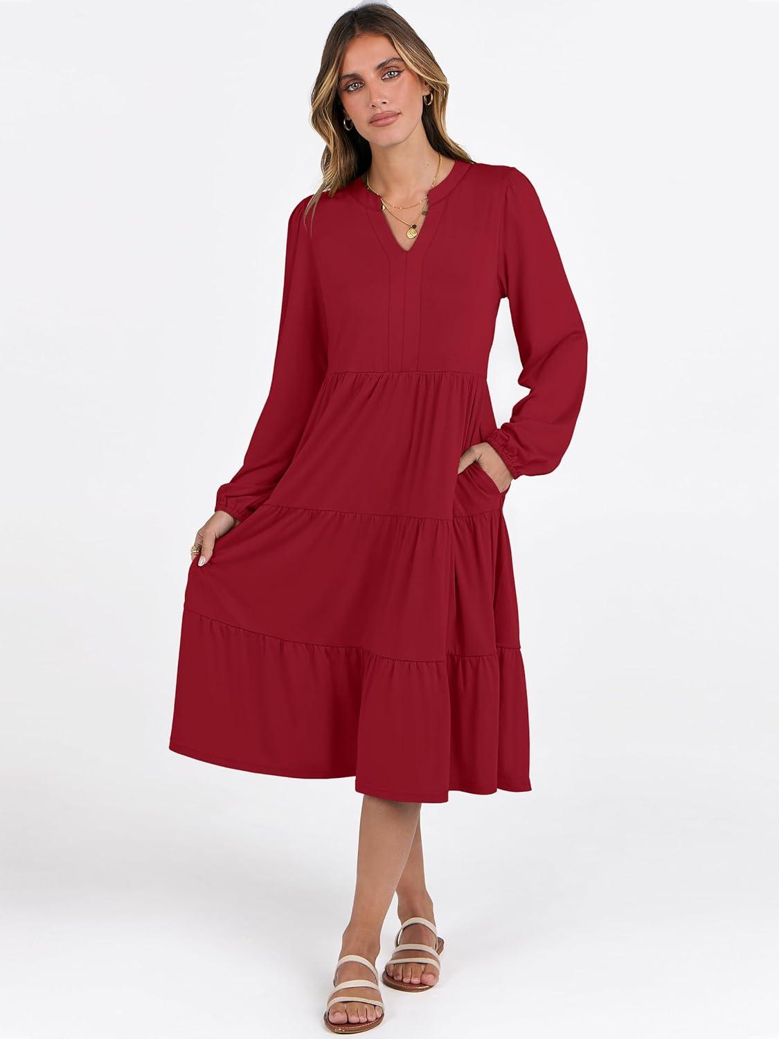 imageANRABESS Long Sleeve Midi Dresses for Women V Neck 2025 Fall Fashion Casual Loose Fit Flowy Swing Tiered Vacation Boho DressRed