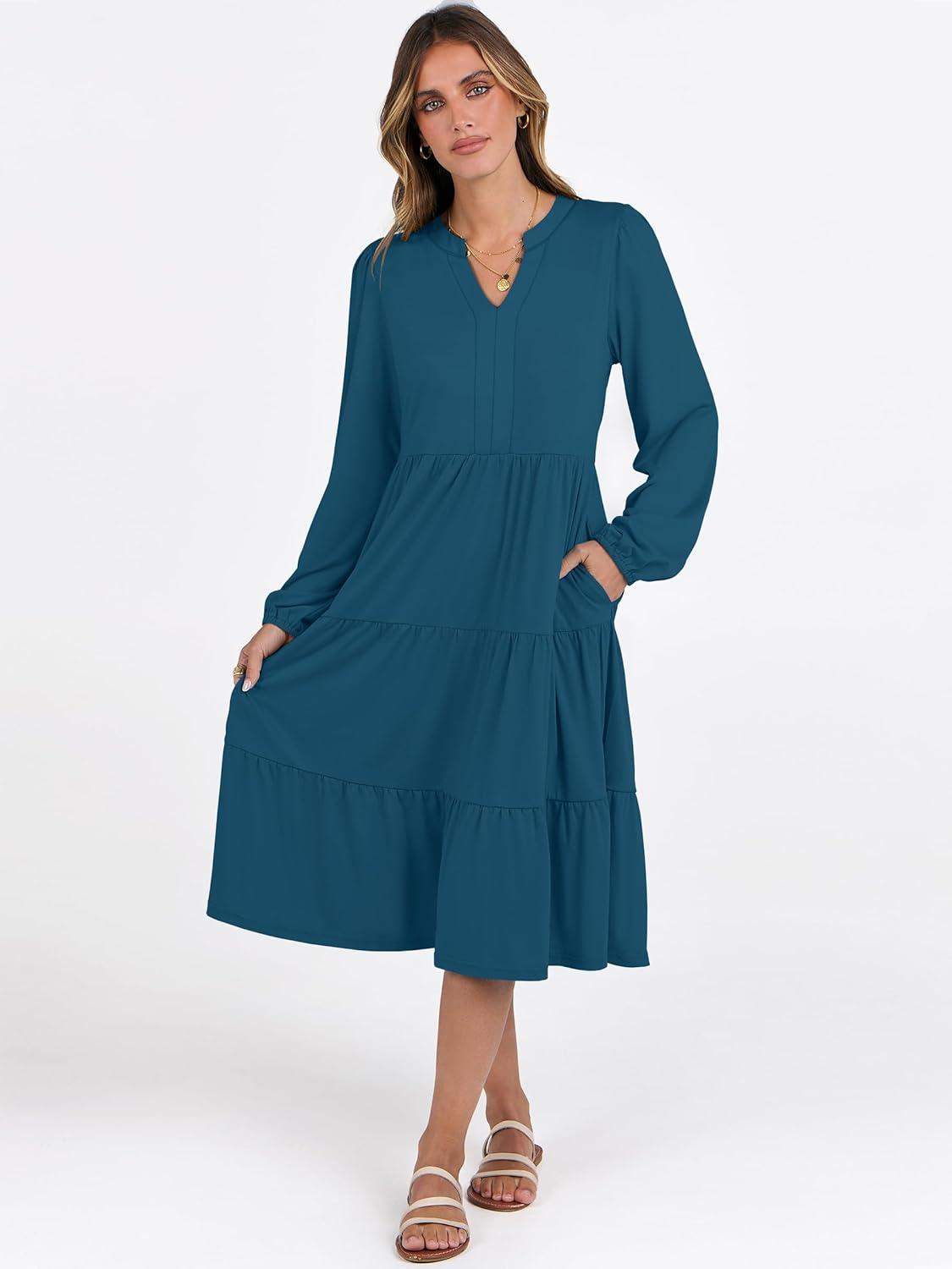 imageANRABESS Long Sleeve Midi Dresses for Women V Neck 2025 Fall Fashion Casual Loose Fit Flowy Swing Tiered Vacation Boho DressTeal Blue