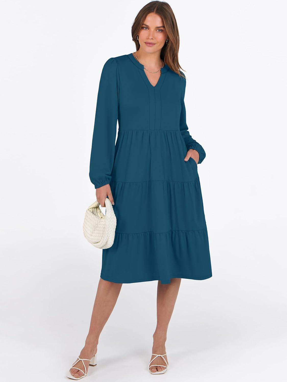 imageANRABESS Long Sleeve Midi Dresses for Women V Neck 2025 Fall Fashion Casual Loose Fit Flowy Swing Tiered Vacation Boho DressTeal Blue