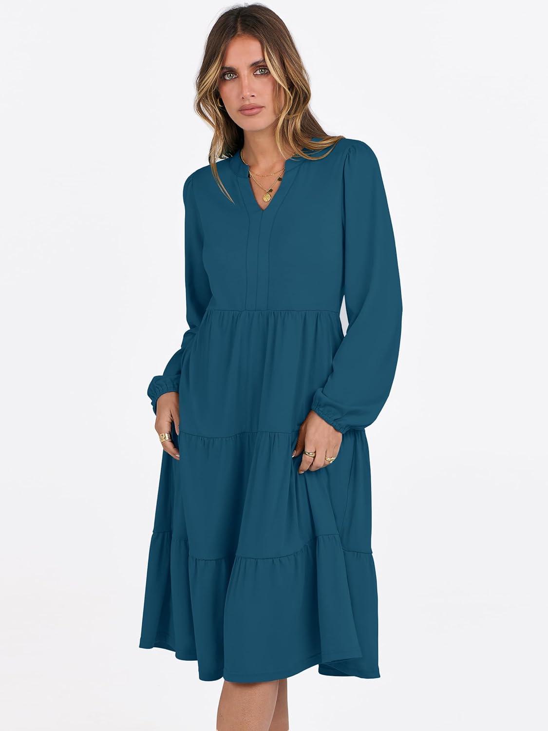 imageANRABESS Long Sleeve Midi Dresses for Women V Neck 2025 Fall Fashion Casual Loose Fit Flowy Swing Tiered Vacation Boho DressTeal Blue