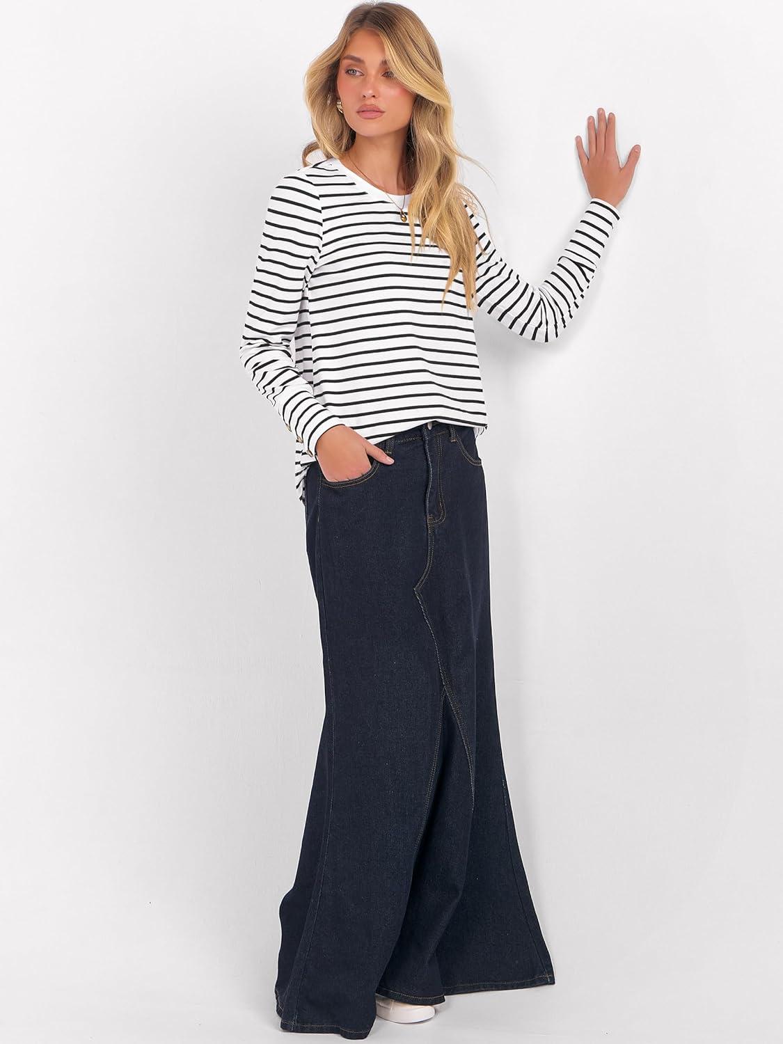 imageANRABESS Long Sleeve Shirts for Women Crewneck Basic Tee Striped Tops 2025 Fall Casual Loose Fit T Shirts Fashion OutfitsBlackwhite Stripe