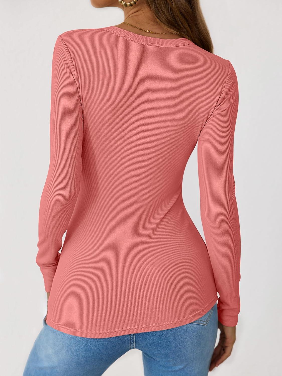 imageANRABESS Long Sleeve Shirts for Women Henley Button Down Tops Ribbed Knit Slim Fit Fall Basic Tee 2025 Casual Trendy ClothesCoral Pink