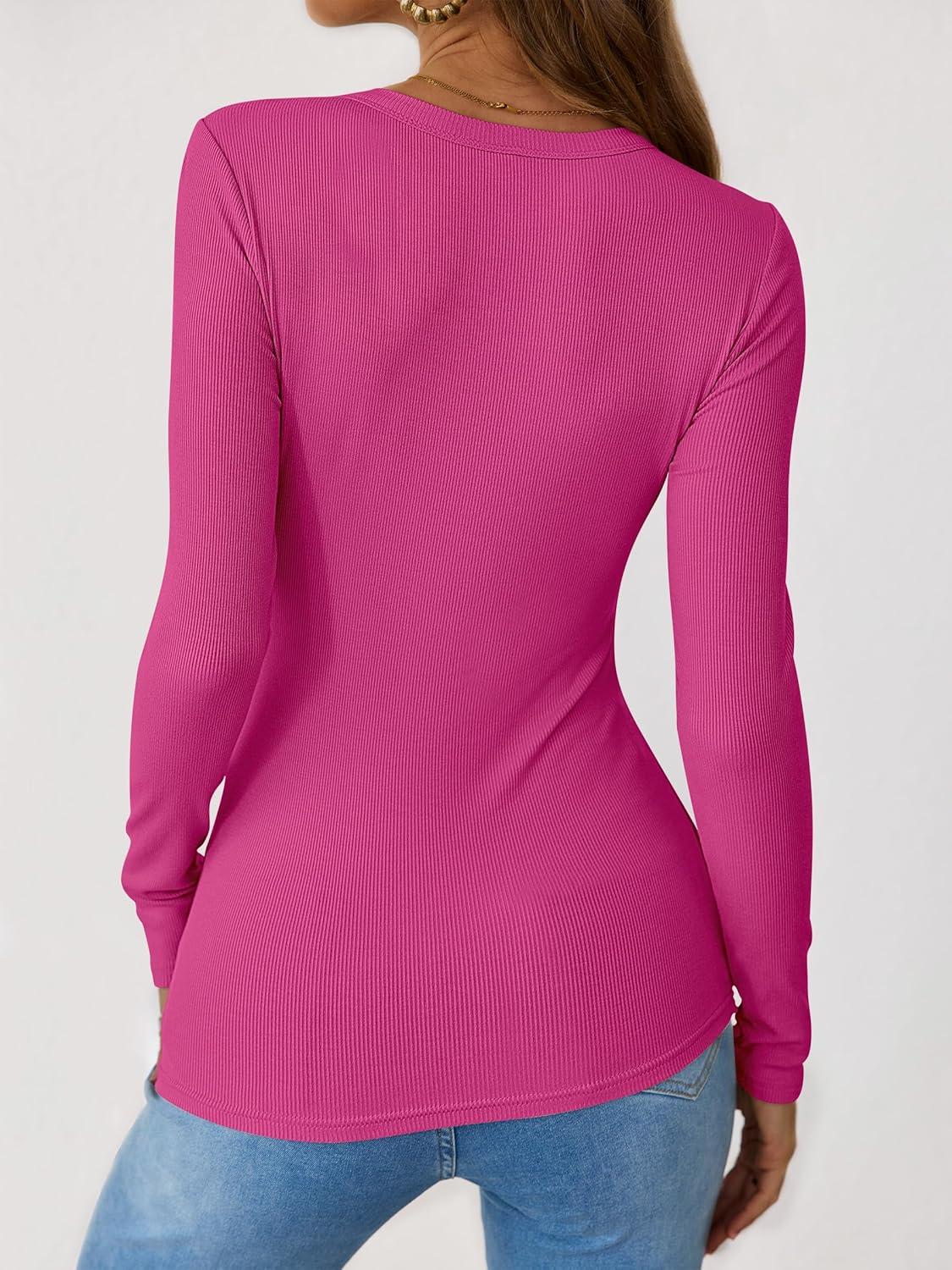 imageANRABESS Long Sleeve Shirts for Women Henley Button Down Tops Ribbed Knit Slim Fit Fall Basic Tee 2025 Casual Trendy ClothesHot Pink