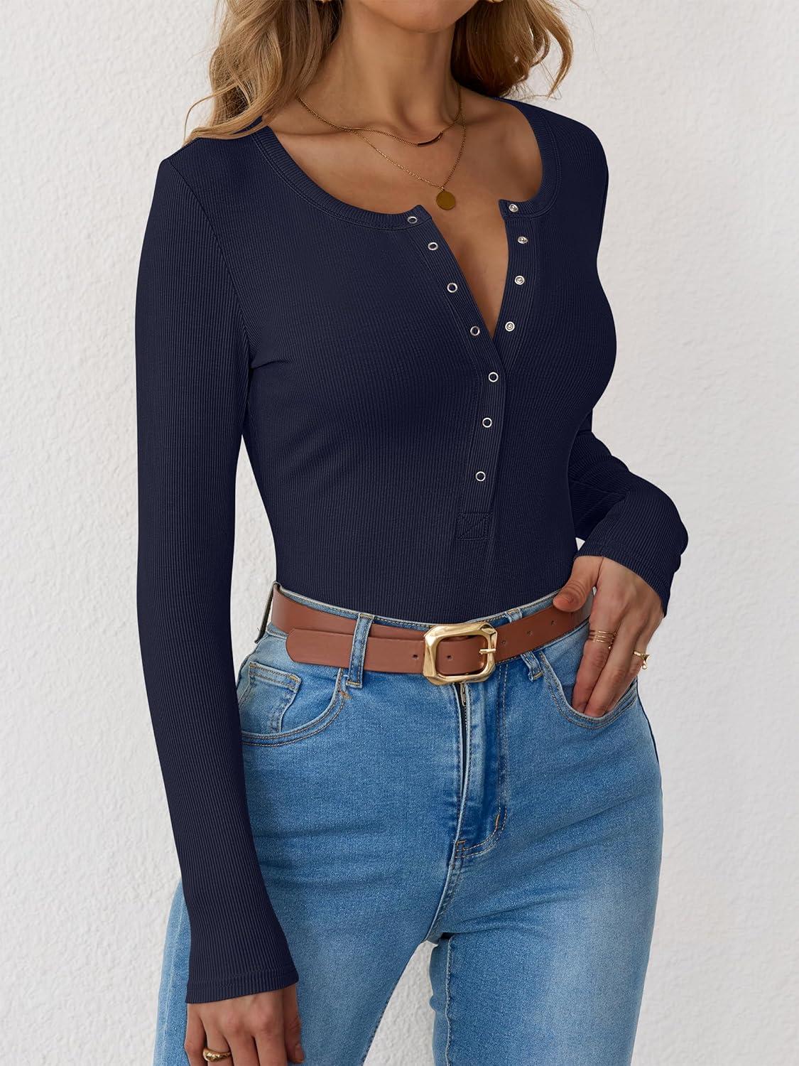 imageANRABESS Long Sleeve Shirts for Women Henley Button Down Tops Ribbed Knit Slim Fit Fall Basic Tee 2025 Casual Trendy ClothesNavy Blue